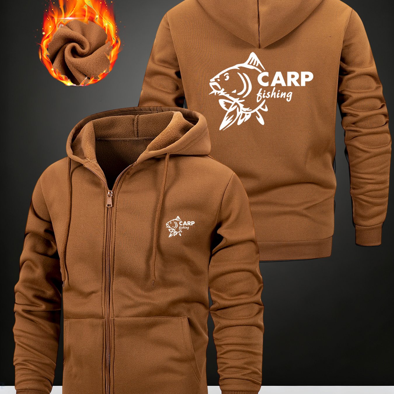 TEMU Men's Versatile Fashion Hoodie, 1pc Pc, Regular Fit For Spring/autumn And Sports, Featuring Carp Print, Zipper Closure With Drawstring Design,