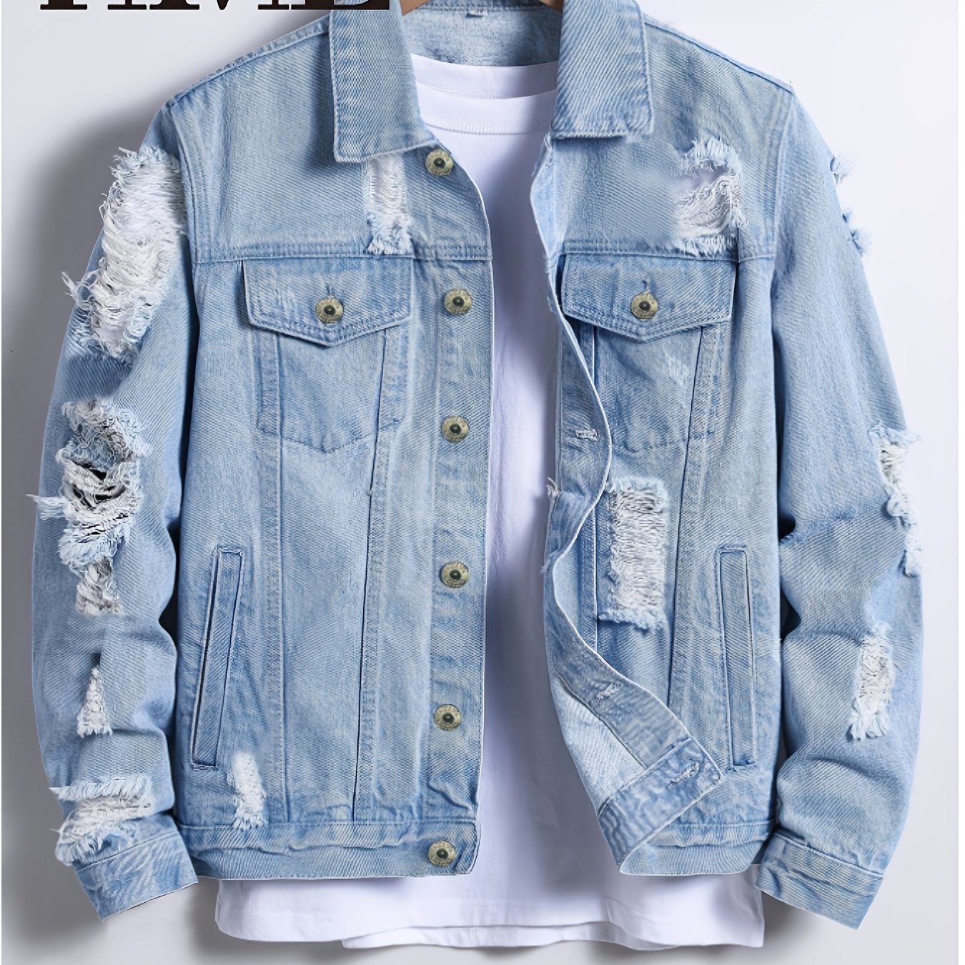 Image of This Men's Denim Jacket Features A Heavily Washed, Irregular Perforated Design. Essential For Street Fashion, In Blue Casual And Versatile. -dimensional Cut A Loose Fit That Accomm