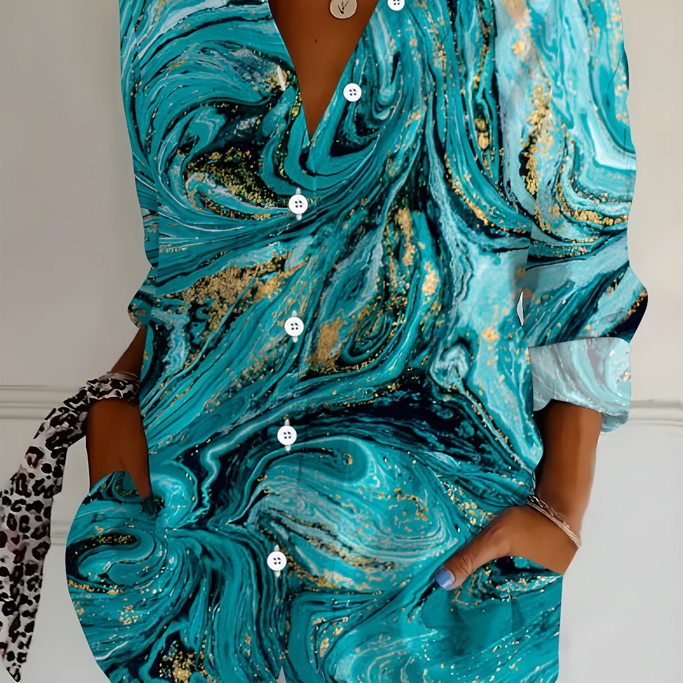 TEMU Plus Size, Plus Size Women's Long Sleeve Shirt, Fluid Print Blouse, Golden And Blue Textured Midi-length Women's Shirt, Casual Shirt, Soft And