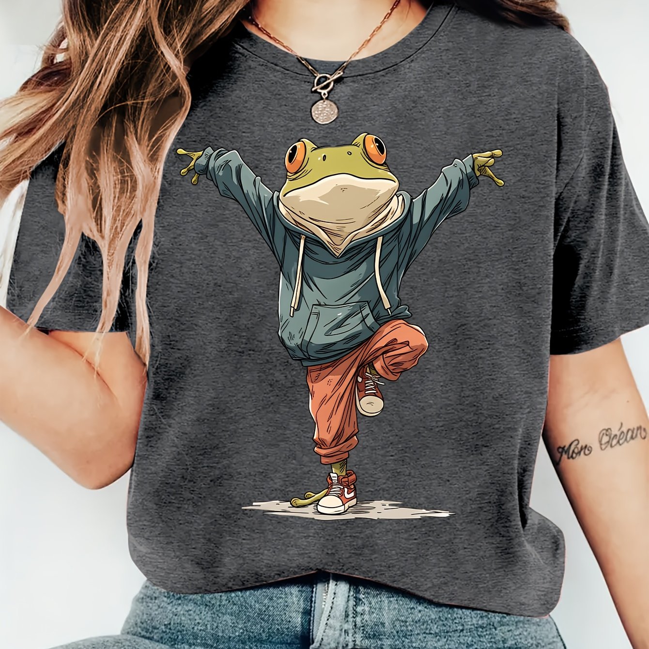 TEMU Ladies' Summer Frog Printed Crew Neck Short Sleeve T-shirt | Comfortable, Soft, Fashionable, Elegant, Vintage Style, Medium Stretch Fabric, ,