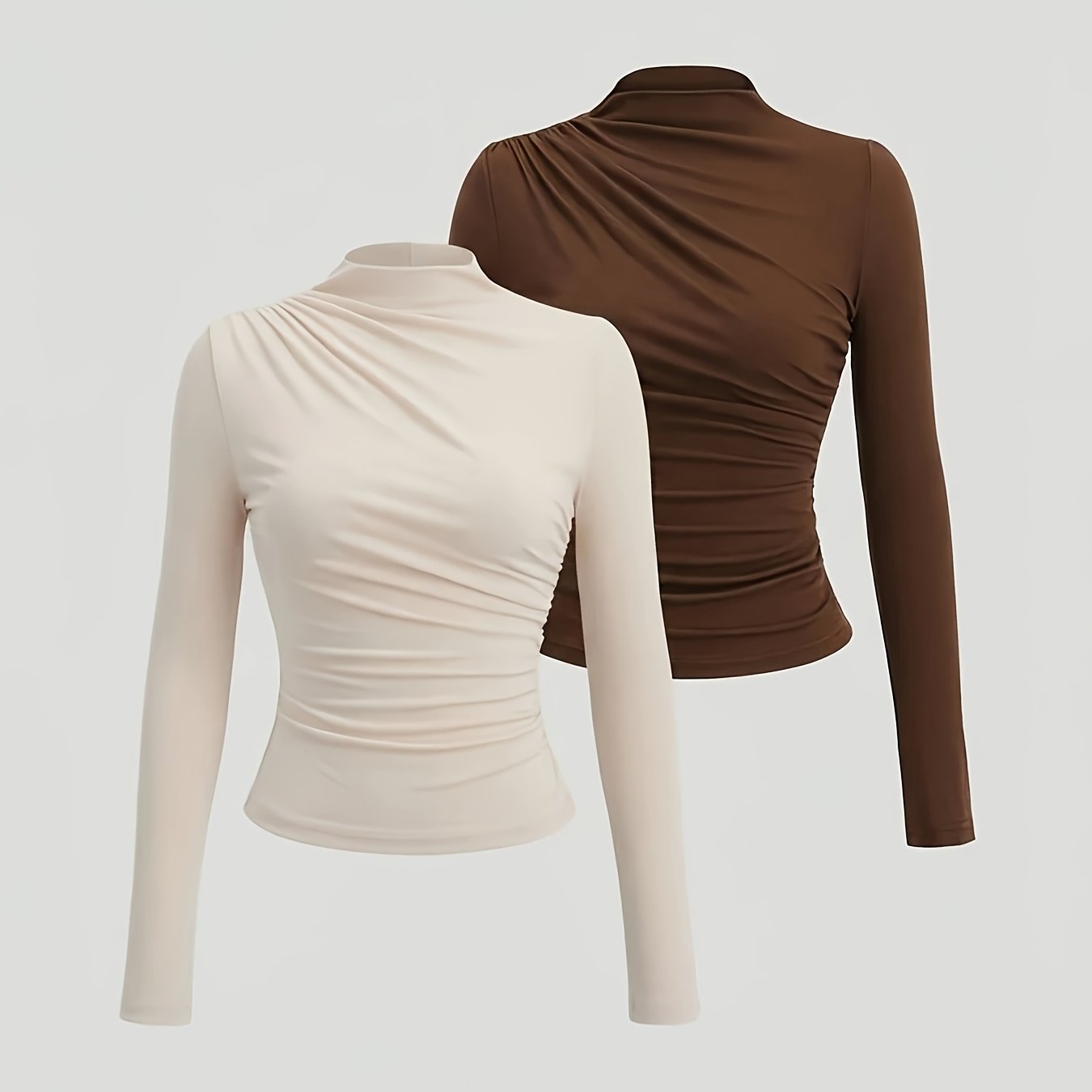 TEMU 2pcs Women' Color Sexy Turtleneck Pleated Long-sleeved Top