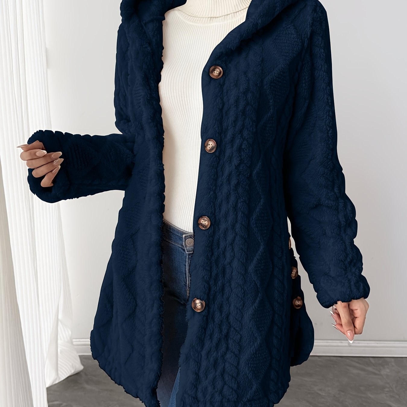 Image of 2025 Autumn/winter European And Solid Color Hooded Button-up Plush Outerwear, Women's Elegant Mid-length Coat