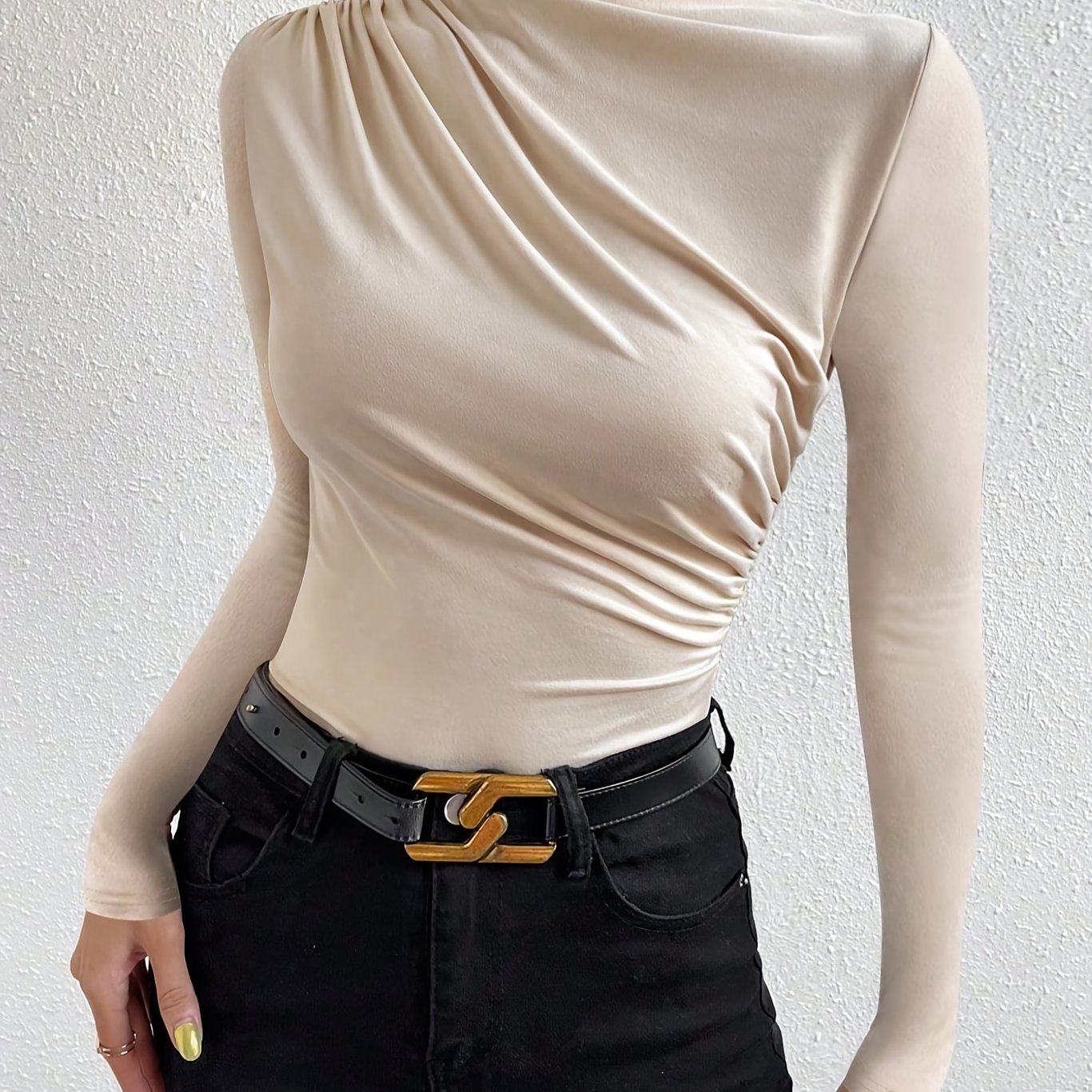 TEMU Elegant Women's Long Sleeve T-shirt With Chest Wrinkle Detail - Slim Fit Medium Stretch Solid Color Top, Machine Washable Versatile Shirt For