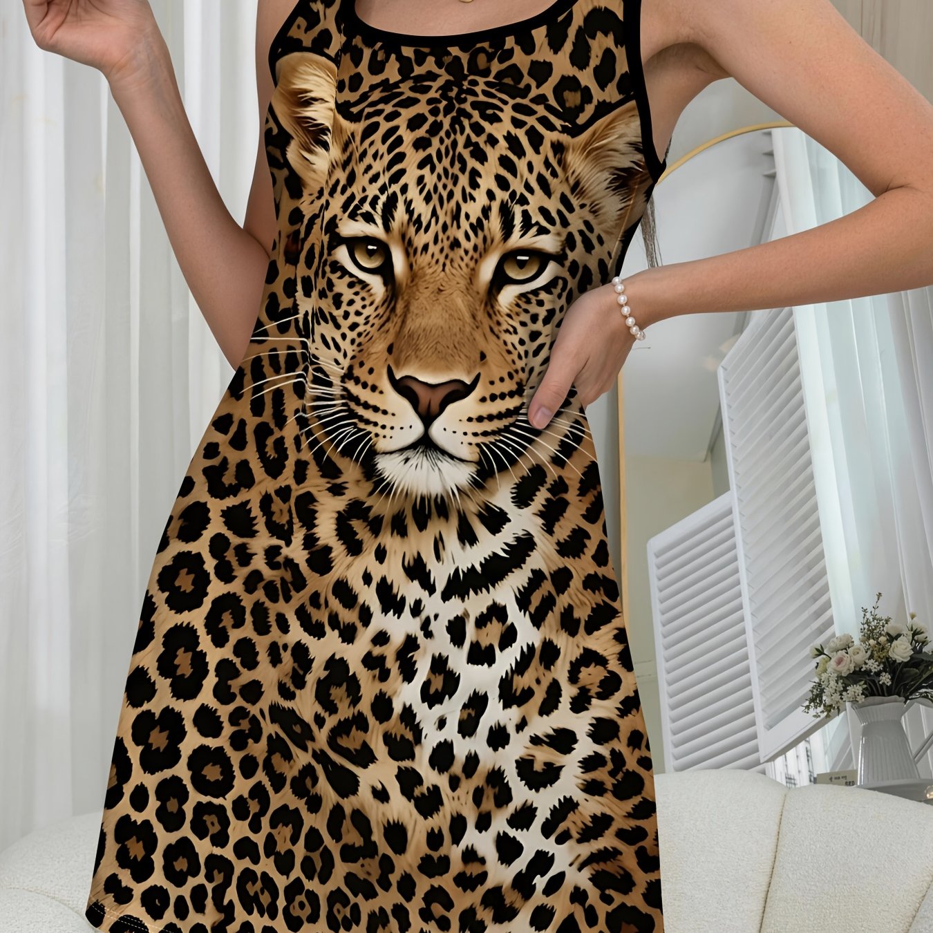 TEMU Women's Nightgown, Sleeveless Nightgown With Classic Patterns And Leopard Heads, Comfortable Loungewear, Camisole Nightdress, Elegant Women's