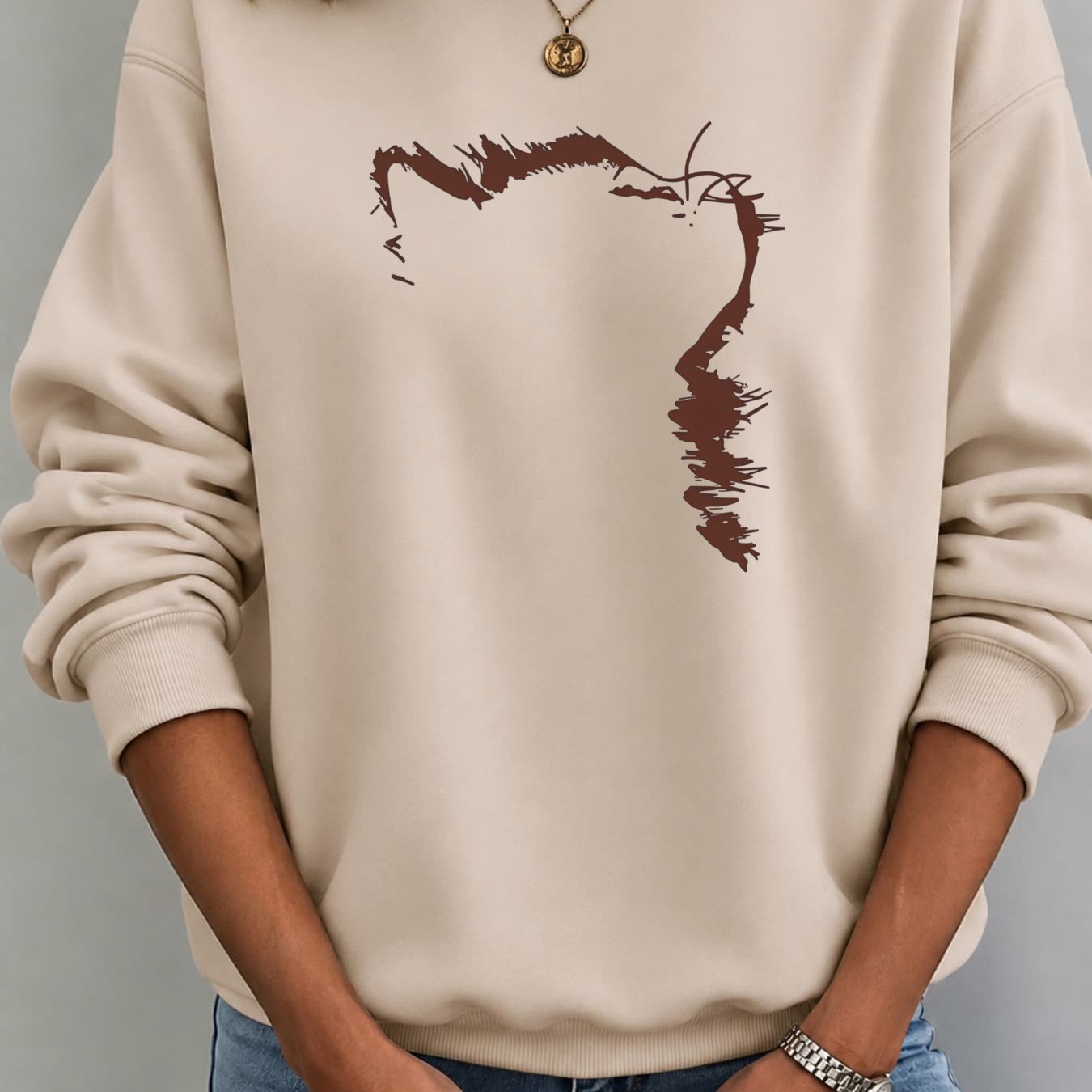 Image of Autumn Winter New Pullover Women's Loose Casual Abstract Brown Print Long Sleeve Crew Neck Sweatshirt