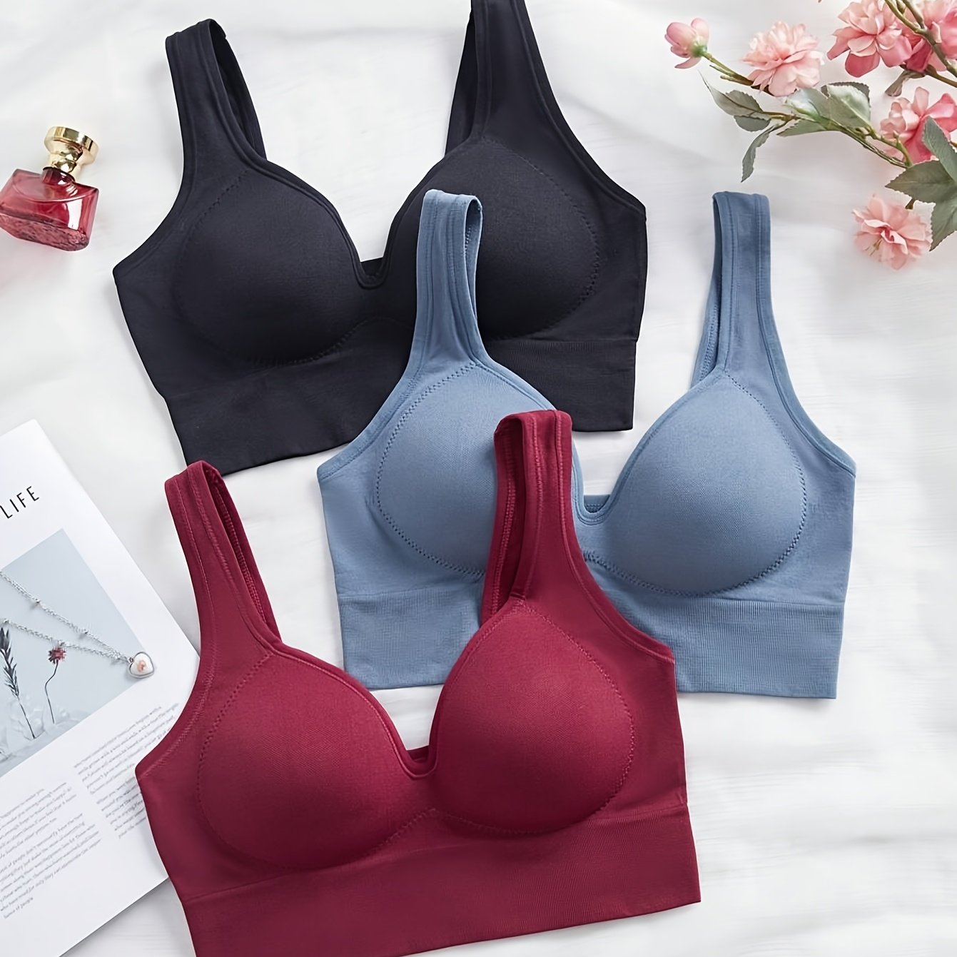TEMU 3-piece Set Solid Color Women's Fixed Cup Simple And Elegant Seamless Bra, Wire-free, Wide Shoulder Pads, One-piece Cups, Bra, Sports Bra,