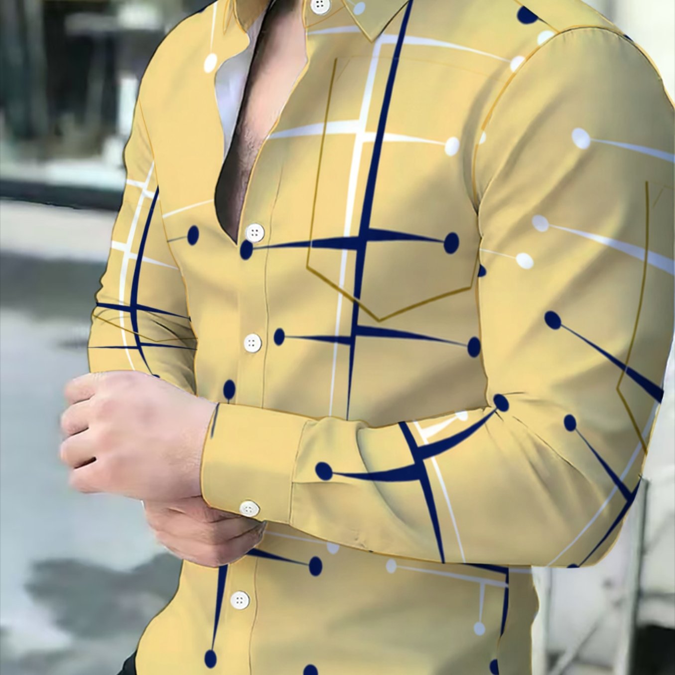 TEMU 남성용 노란색 셔츠, 파란색과 흰색 연결된 라인 패턴, 모던 스타일 캐주얼 긴소매 라펠 셔츠
