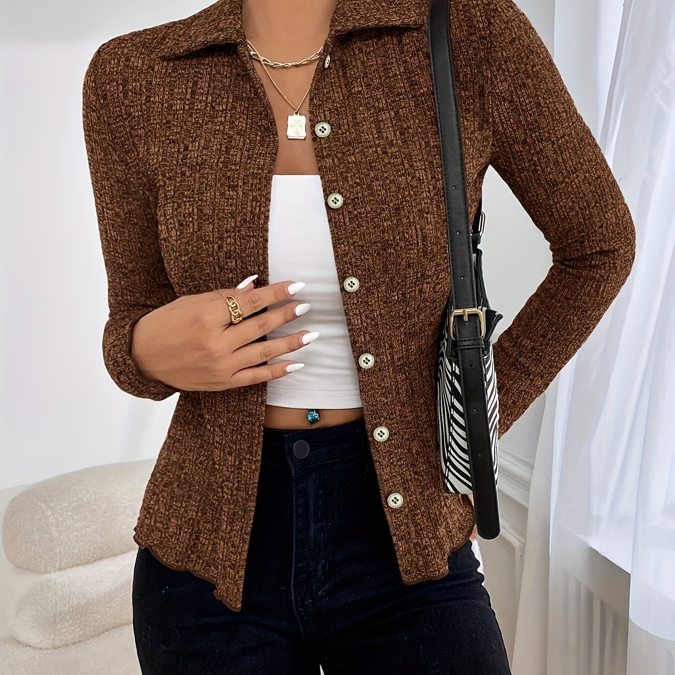 TEMU Women's Lightweight Knit Cardigan - Elegant Brown Button-up T-shirt With Long Sleeves, Spring And Fall, Polyester Blend, Round Neck, Non-sheer, Wear, Lightweight Cardigan