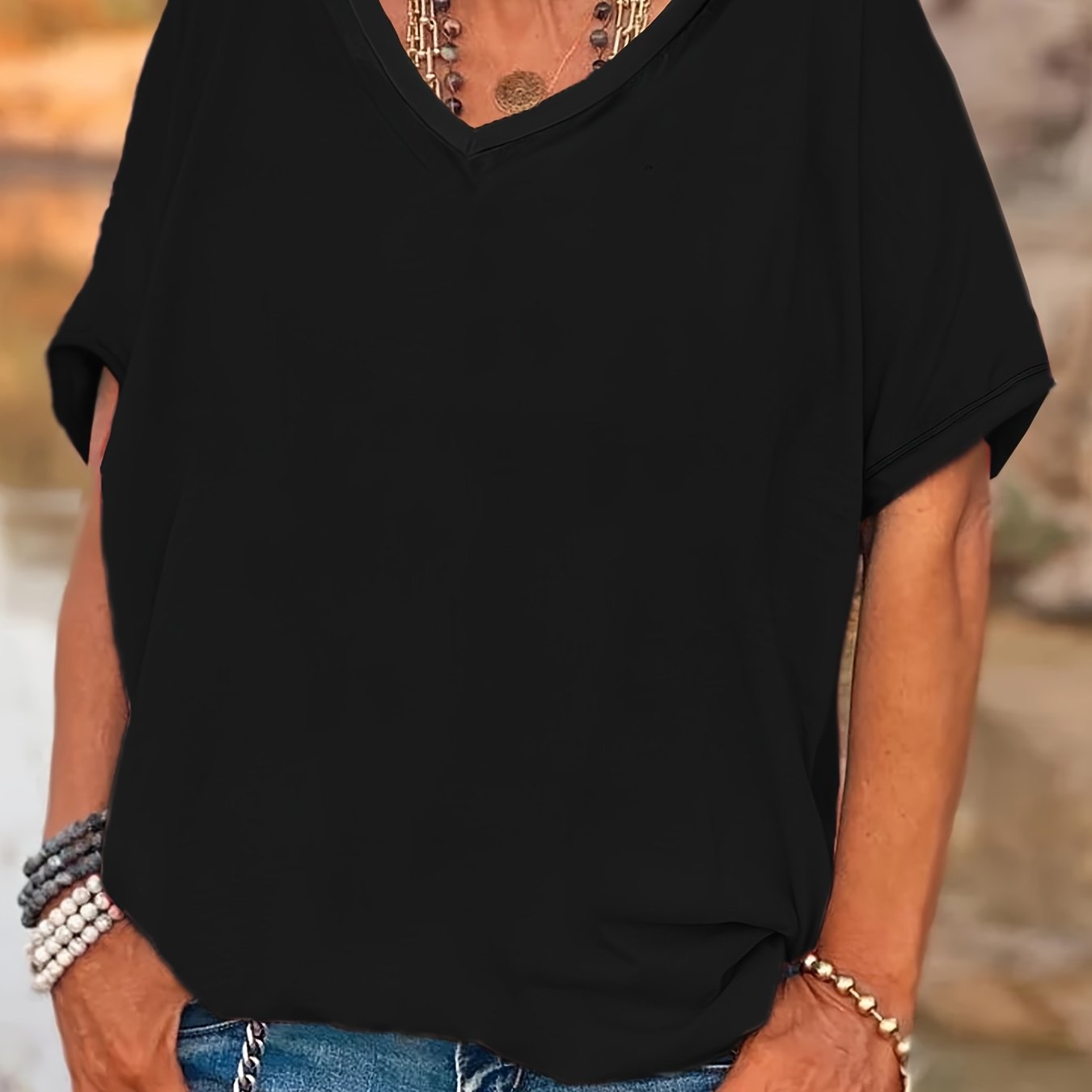 E-shop Plus Size - Plus Size - Plus Size V-Ausschnitt Kurzarm T-Shirt Einfarbig, Lockere Passform, Fledermausärmel, Sommer Freizeitmode