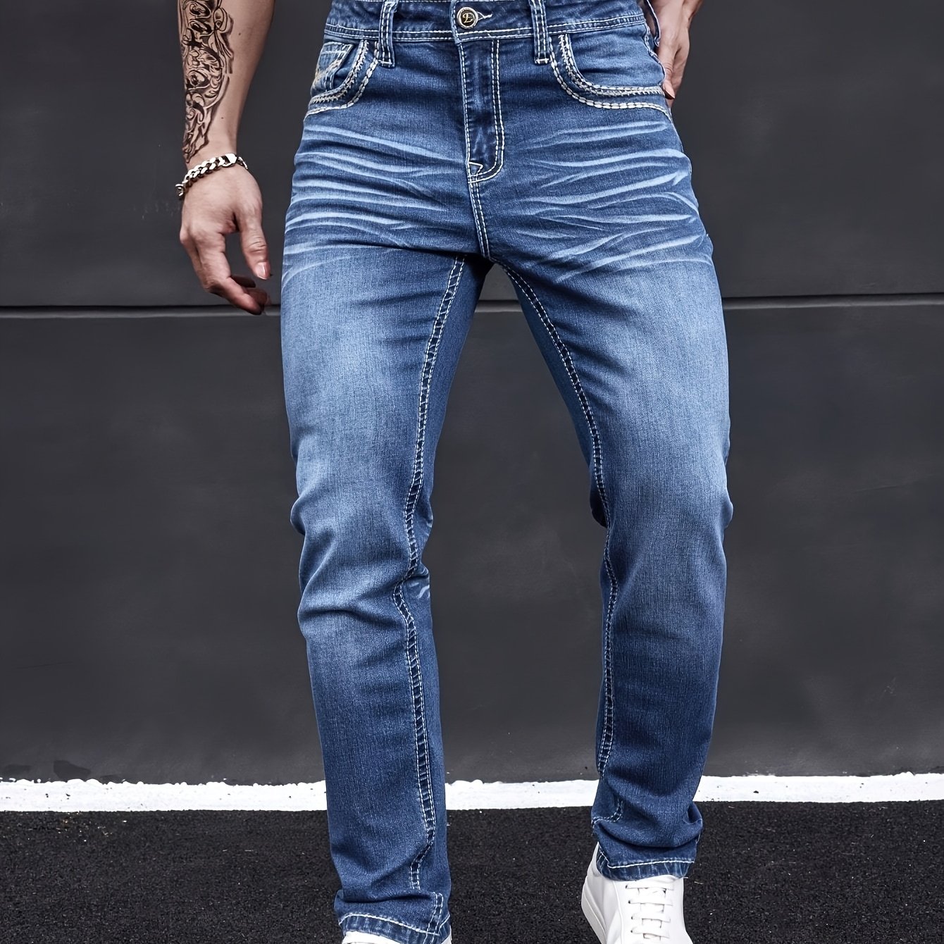Men's Elastic Washed Denim Jeans With Thick Line Embroidery On The Front And .