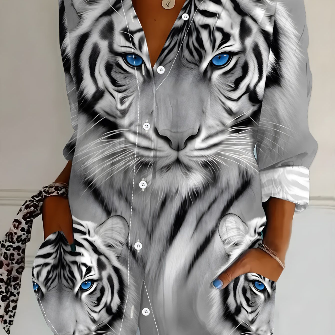 TEMU Plus Size Women's Long Sleeve Shirt, Tiger Print Style, Loose Printed Shirt, Elements, Mid-length Women's Long Sleeve Collared Shirt,