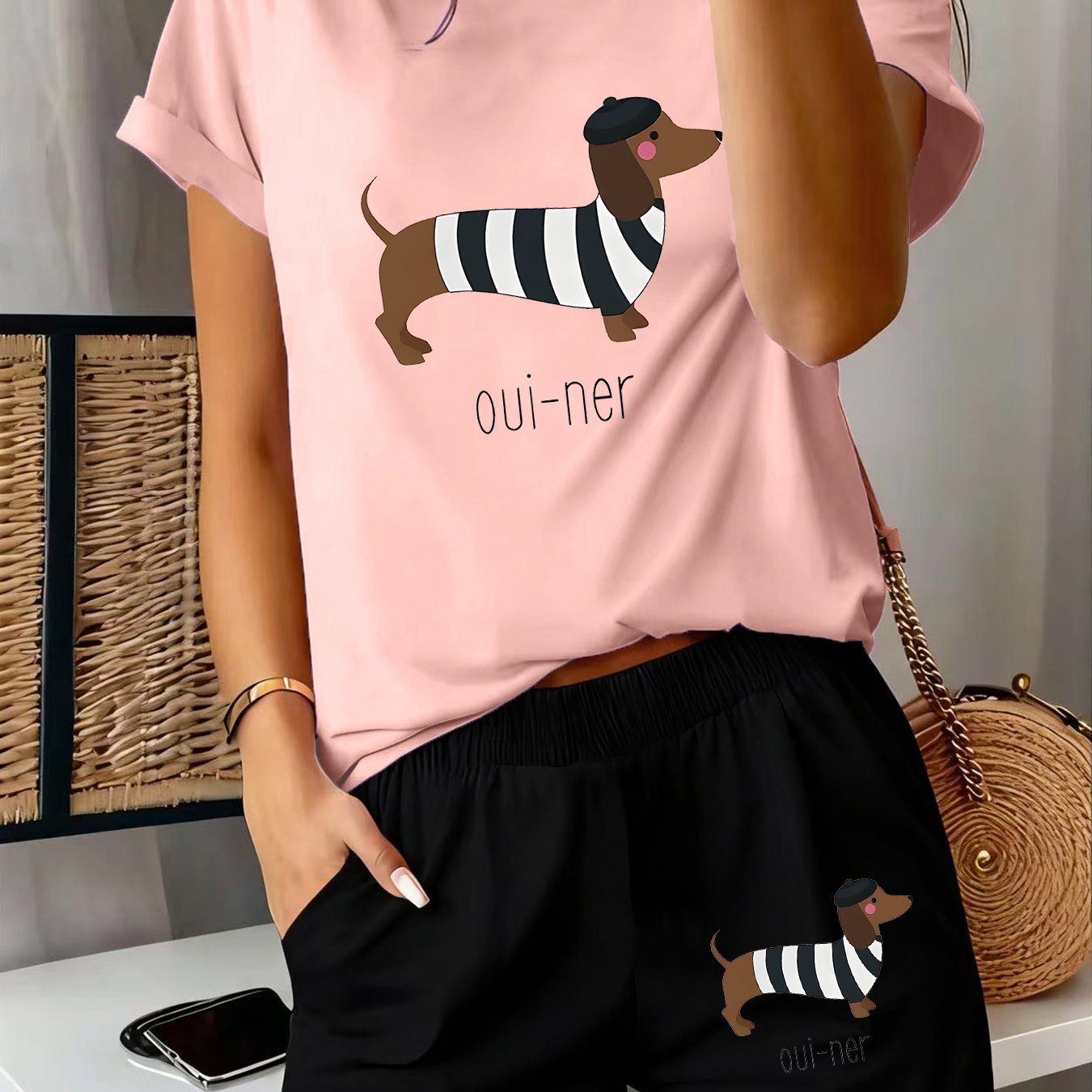TEMU 2pcs Women's Summer Casual Athletic Short Sleeve And Shorts Set - Striped Dachshund Short Sleeve And Shorts Set, Comfortable Soft Breathable
