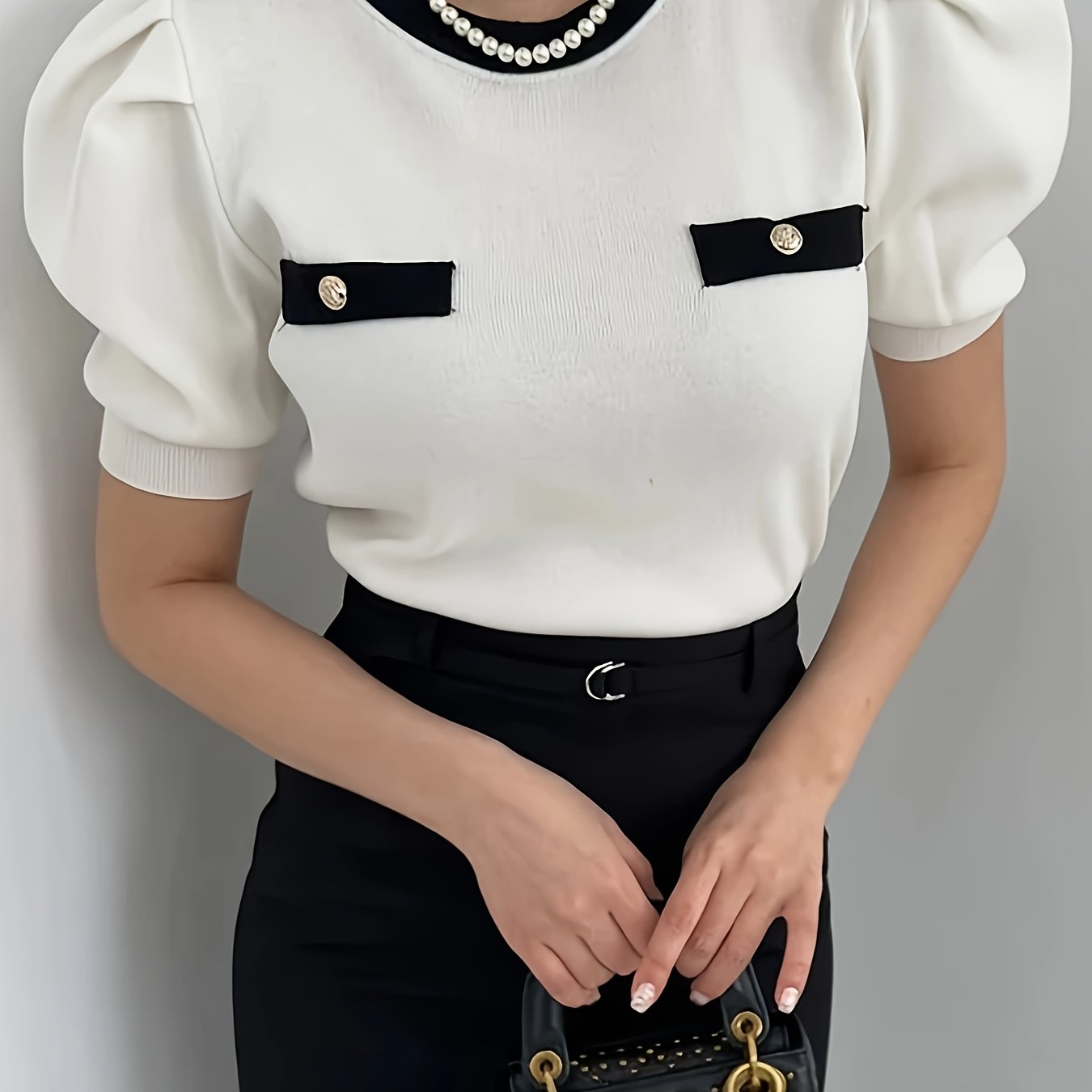 E-shop Damen-Mode-T-Shirt mit Farbblock-Design, verspielten Laternenärmeln Rundhalsausschnitt