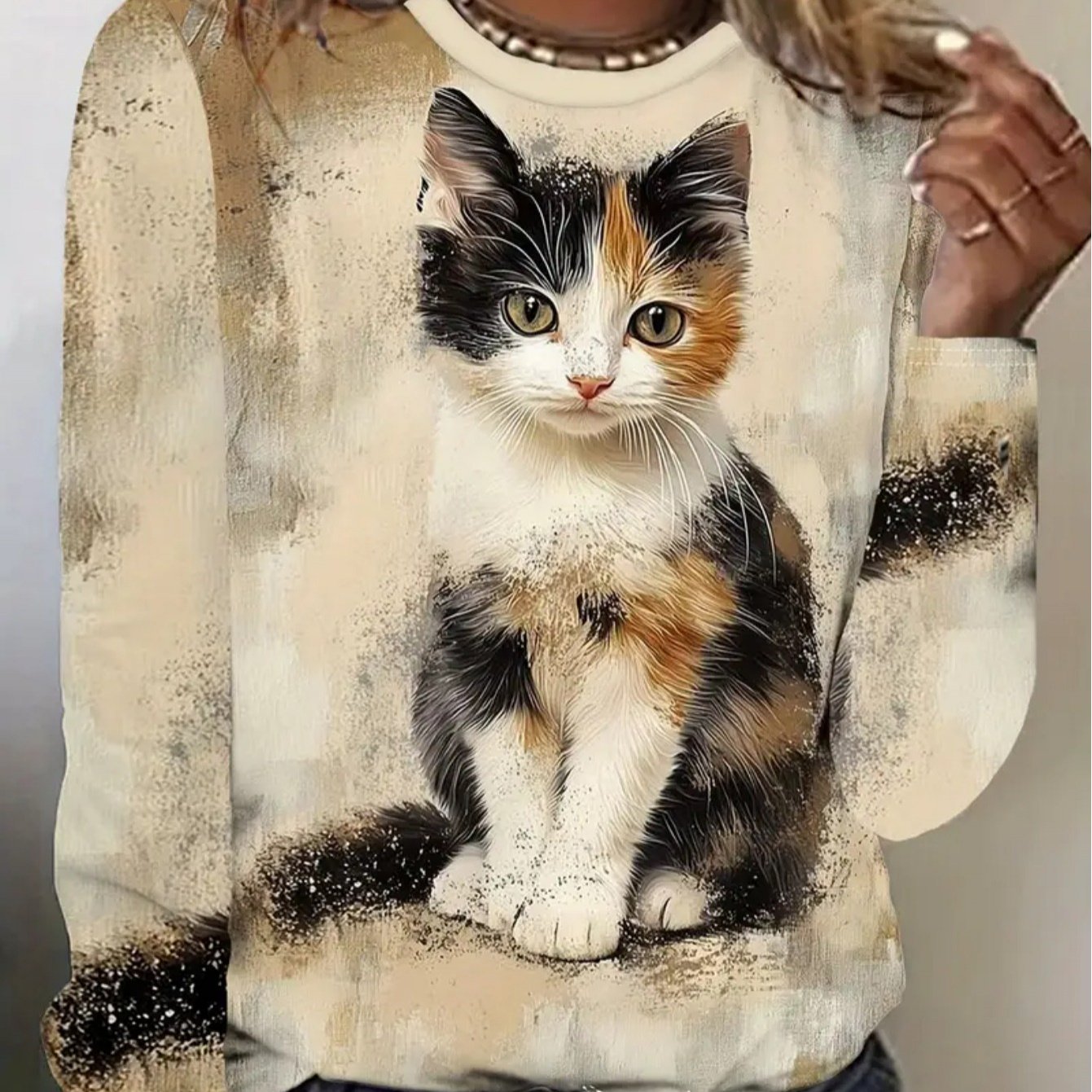 TEMU Plus Size, Soft Medium-stretch Fabric, Loose-fit Crewneck, Brown And White With Black Patches - Casual Wear Suitable For Spring, Autumn, Work,