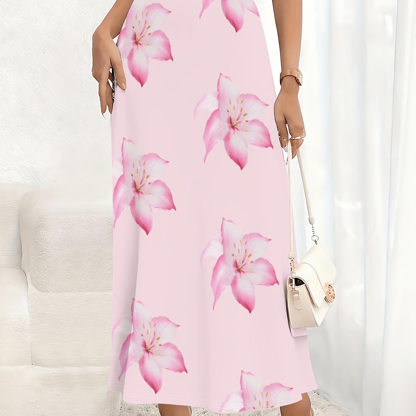 TEMU Women's Floral Print Long A-line Skirt With High Waist And Elastic Waistband, Flowy Maxi Skirt, Suitable For Summer Beach, Casual Parties, And