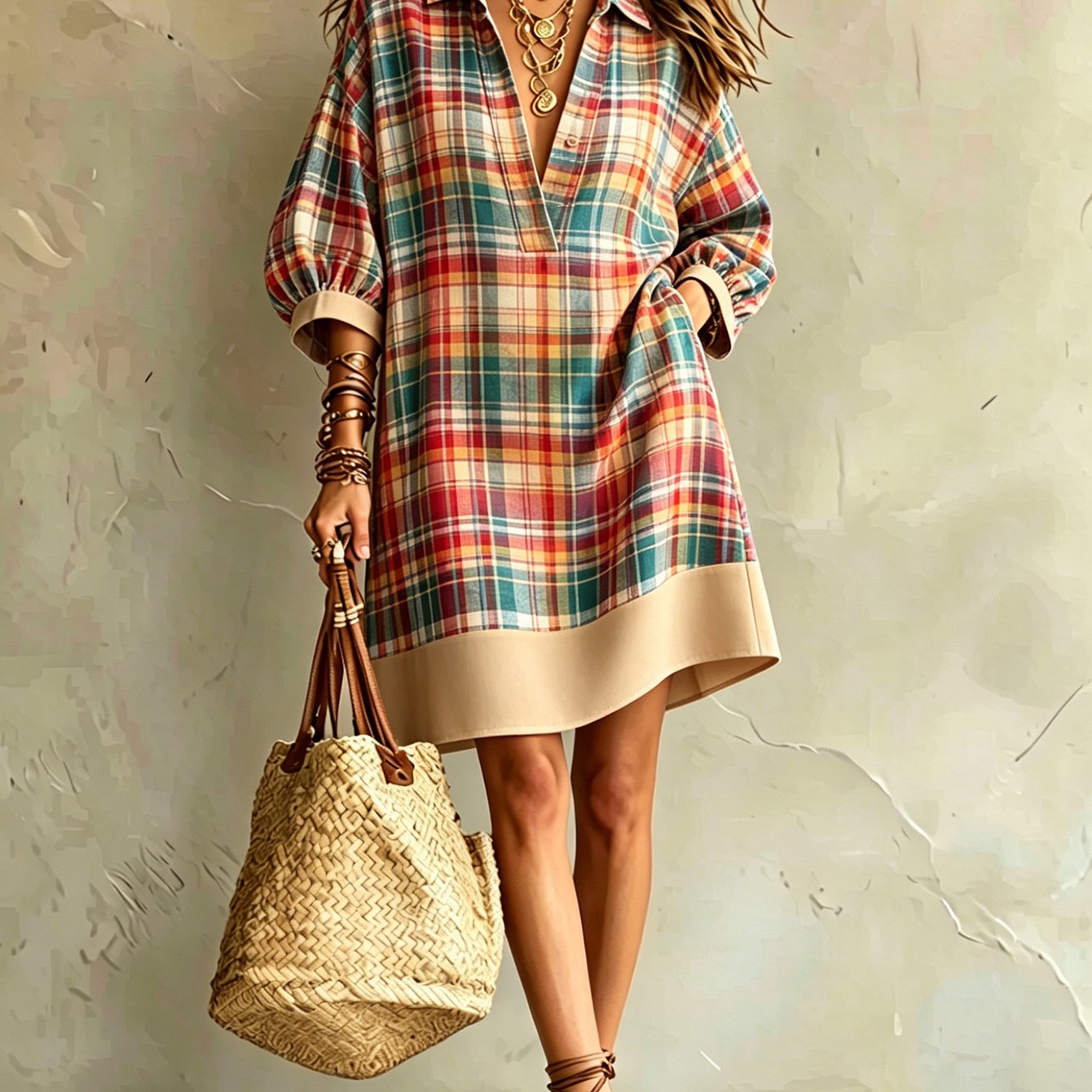 Image of Women's Summer Lapel Color Block Loose Shirt Dress, Retro , Flattering & Hides Belly, Breathable & Comfortable, Perfect For Daily , Beach Vacations, Casual Gatherings And , Lightweight Fa