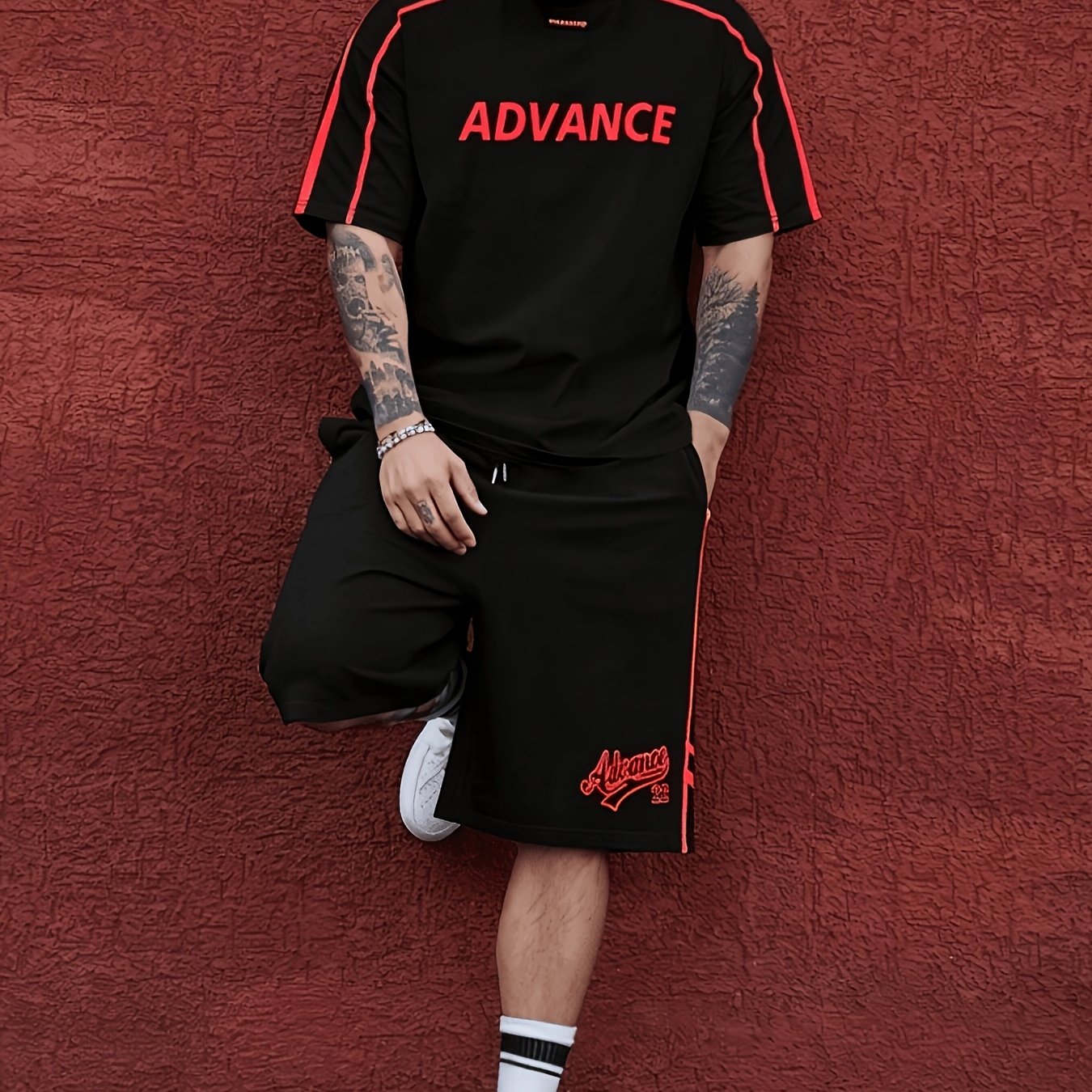 TEMU Black And Red Contrast Advance Letter Set | Men's Summer Sports And Casual 2pcs Set, , Men's Outdoor Casual Short Sleeve And Shorts 2pcs Set.