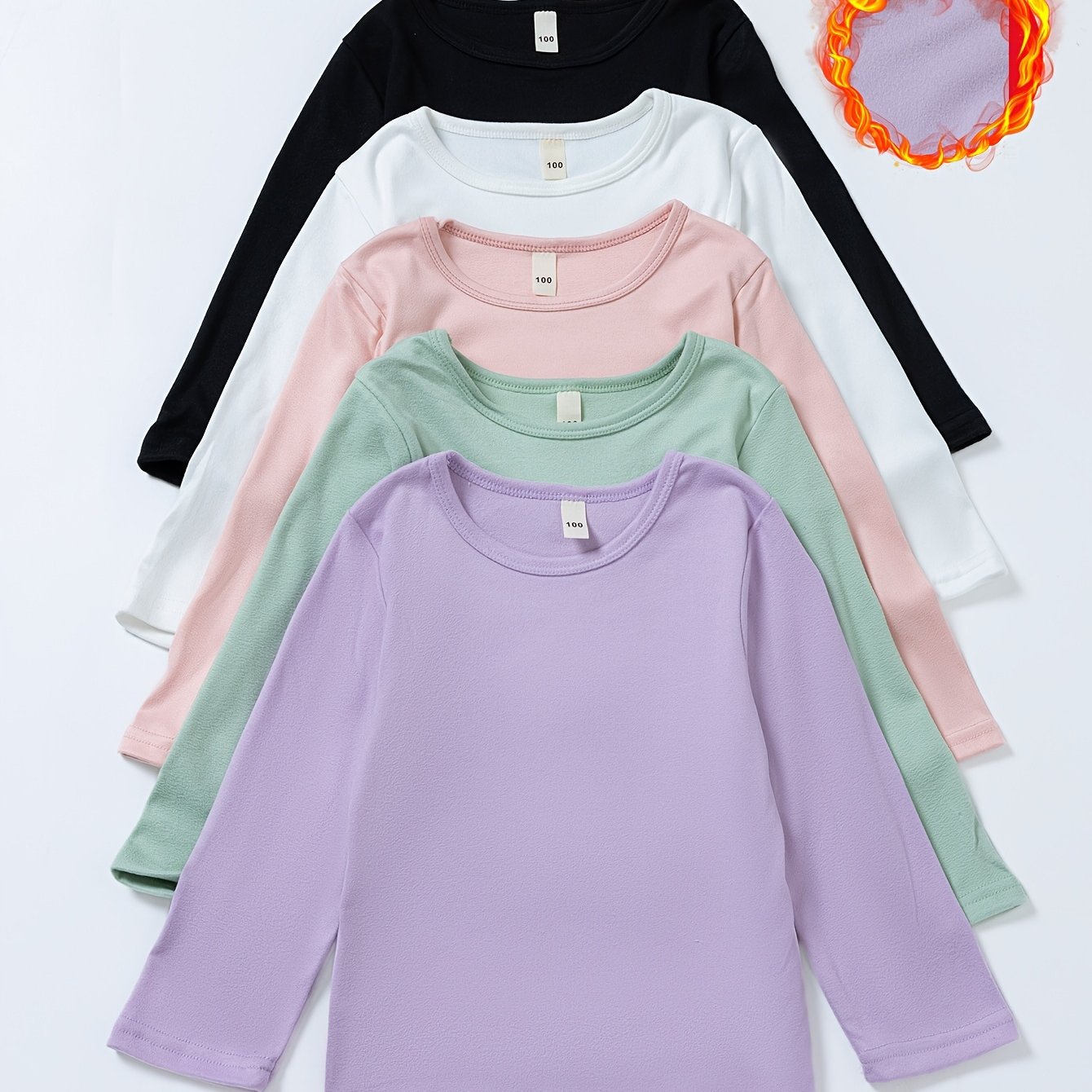 Image of 5pcs Girls' Fashionable Thermal Deer Velvet Simple Solid Color Long-sleeve Thermal Tops T-shirt Multi-pc Set