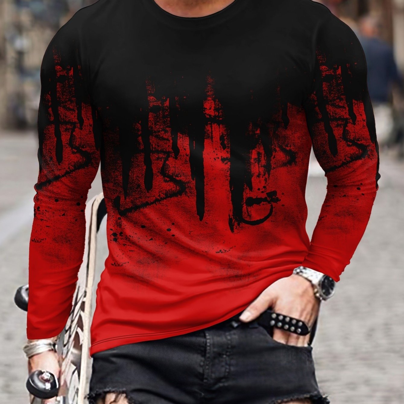 Men's Ombre Black To Red Ink Splash Long Sleeve T-shirt - Slim Fit Urban Streetwear Shirt With Gradient Color Transition, Machine Washable Round Neck Top For Concerts, Festivals & Casual Wear