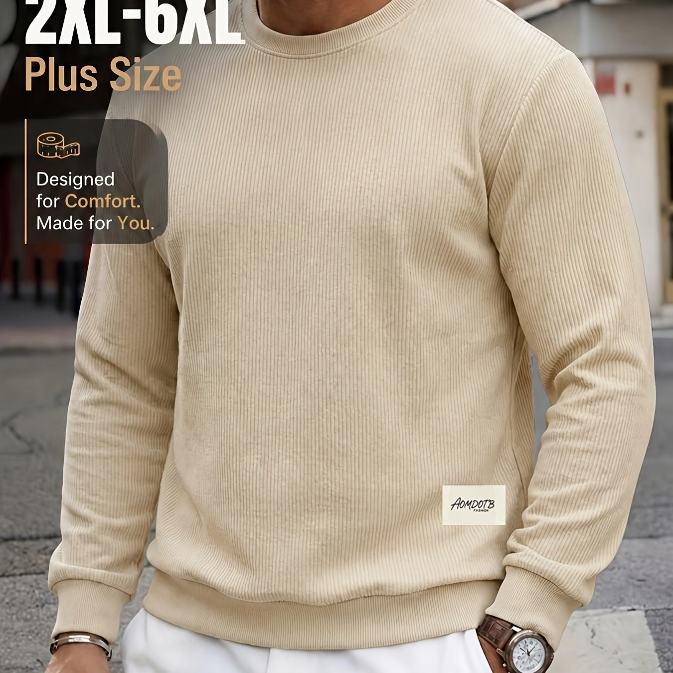 TEMU Plus Size Men's Spring Autumn Casual Long Sleeve Corduroy Sweatshirt Daily All-match Polyester Round Neck Sweatshirt, Plus Size