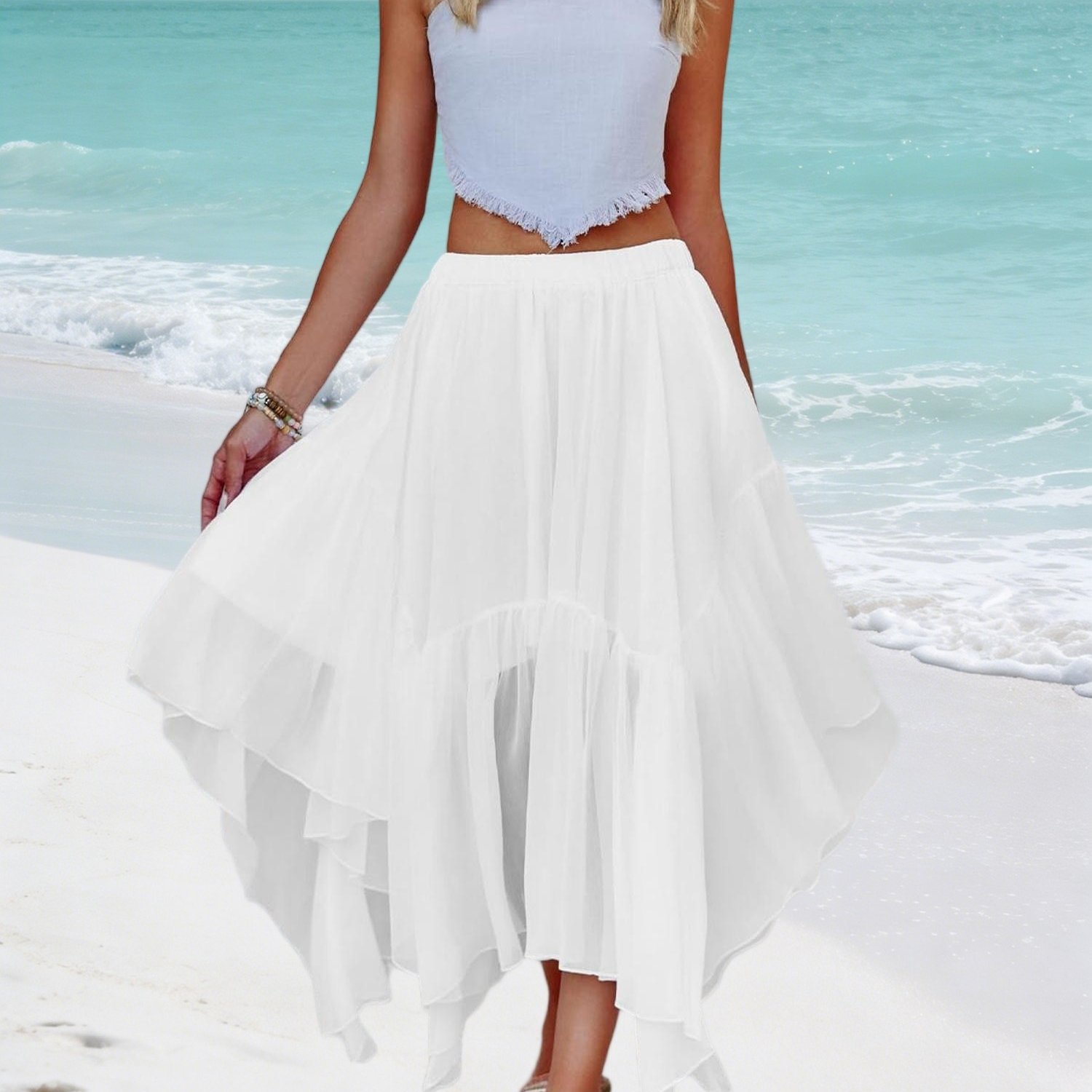 Women's Summer Bohemian Solid Color Spliced Maxi Skirt - Casual Asymmetric High Low Hem Flowy Long Skirt