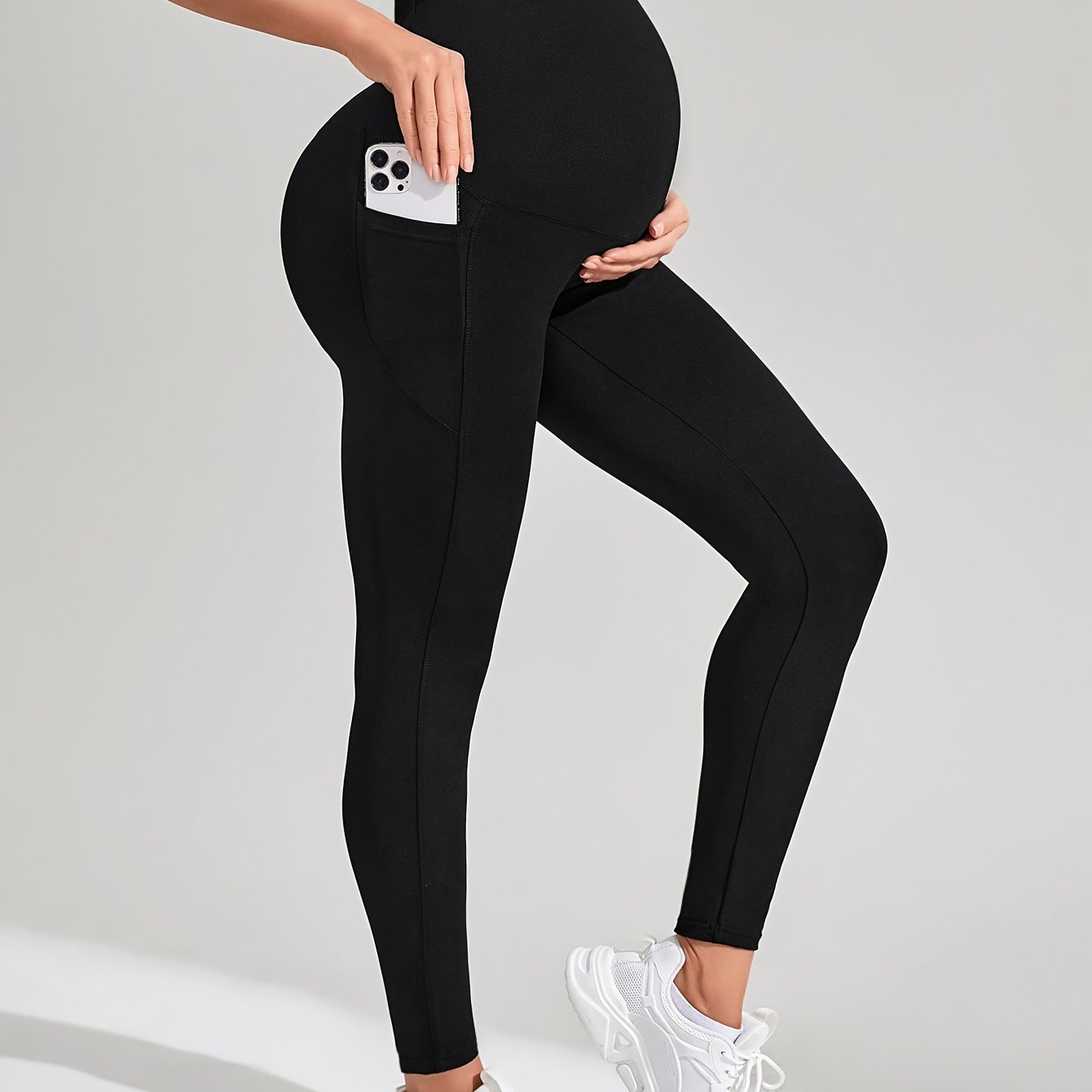 TEMU Maternity High-waist Leggings, Black Adjustable Waist & Side Phone Pocket, Stretchy