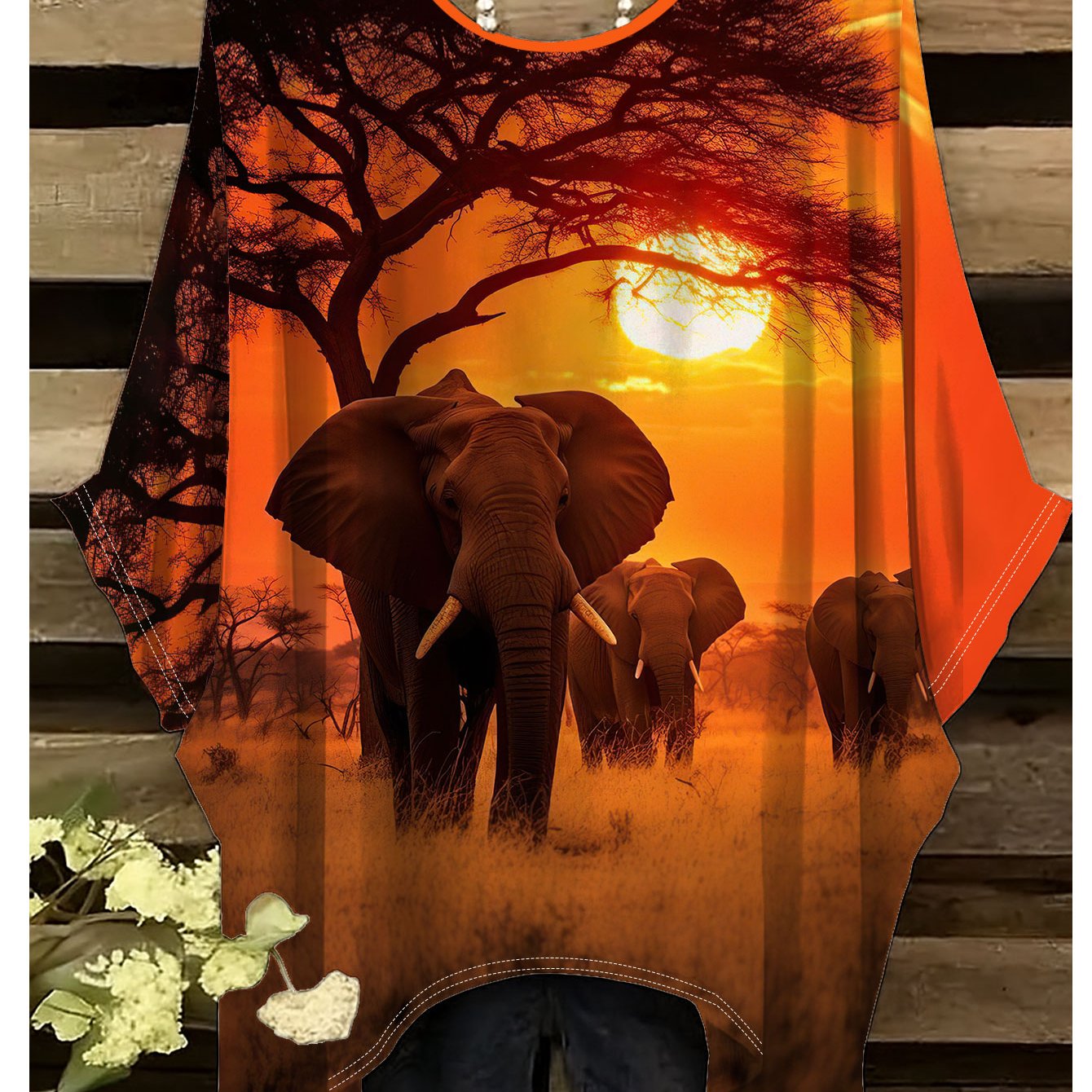 TEMU Plus Size - Plus Size - Elephant Sunset Scenery Women's Plus Size Short Sleeve T-shirt, Irregular , T-shirt Ethnic Retro Style, Round Neck Short