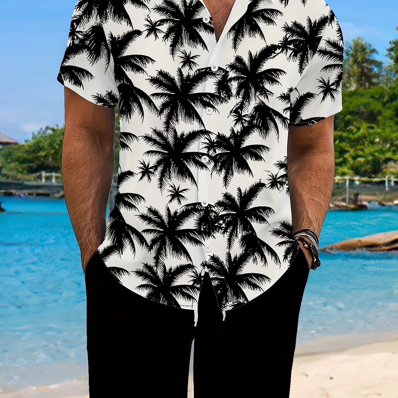 TEMU Men's Casual Summer Shirt Set, Tree Pattern 3d Print, Loose Collar Short Sleeve Shirt And Drawstring Shorts 2pcs Set