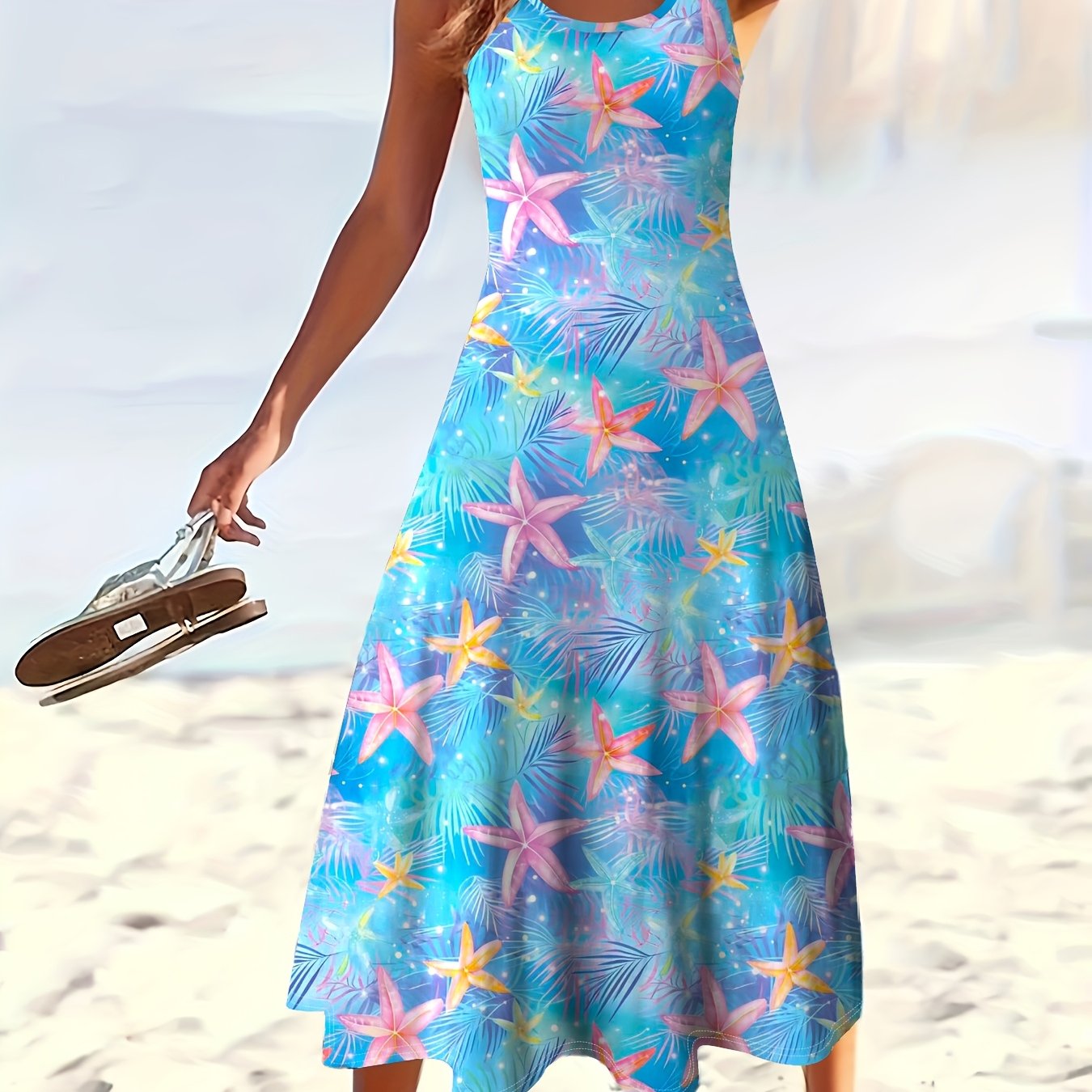 Image of Plus Size Women's Casual Vacation Dress - Starfish Print Sleeveless Round Neck, Fitted Top & Flared Skirt, Breathable Summer Beachwear, Hand Wash Only, Beach Dresses, Apparel, Relaxed Fit Attire