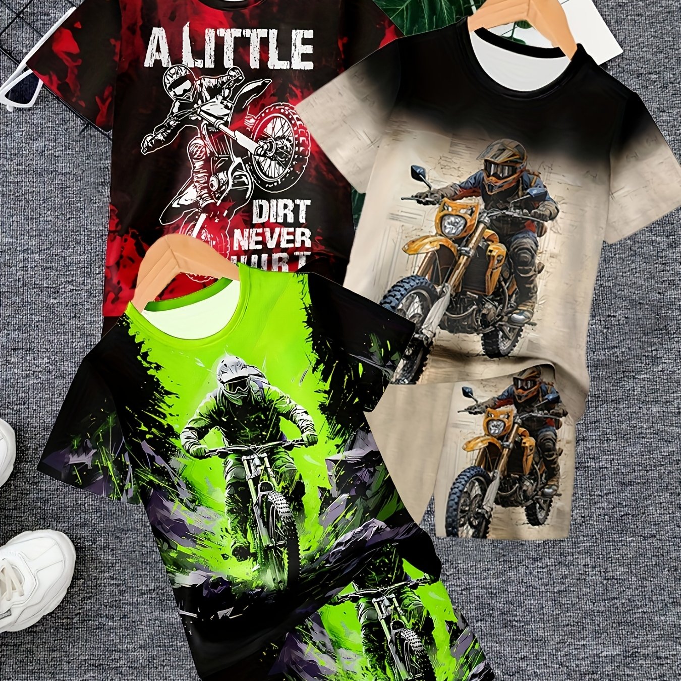 Image of 6pcs Set Of Boys' -road Motorcycle 3d Printed Pattern, Boys' T-shirt Short Sleeved Set Shorts Casual Fashion Sportswear, Fitness Outdoor Sports Set, For Outdoor