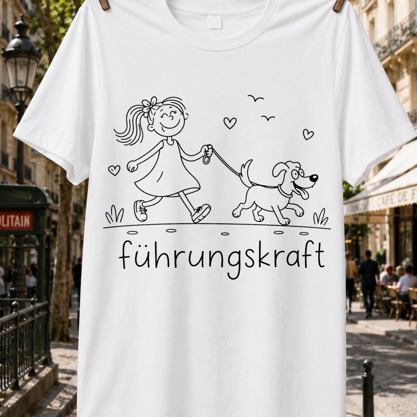 Image of German With Walking A Dog Hearts And Easy Line Illustration T-shirt Unisex T-shirt