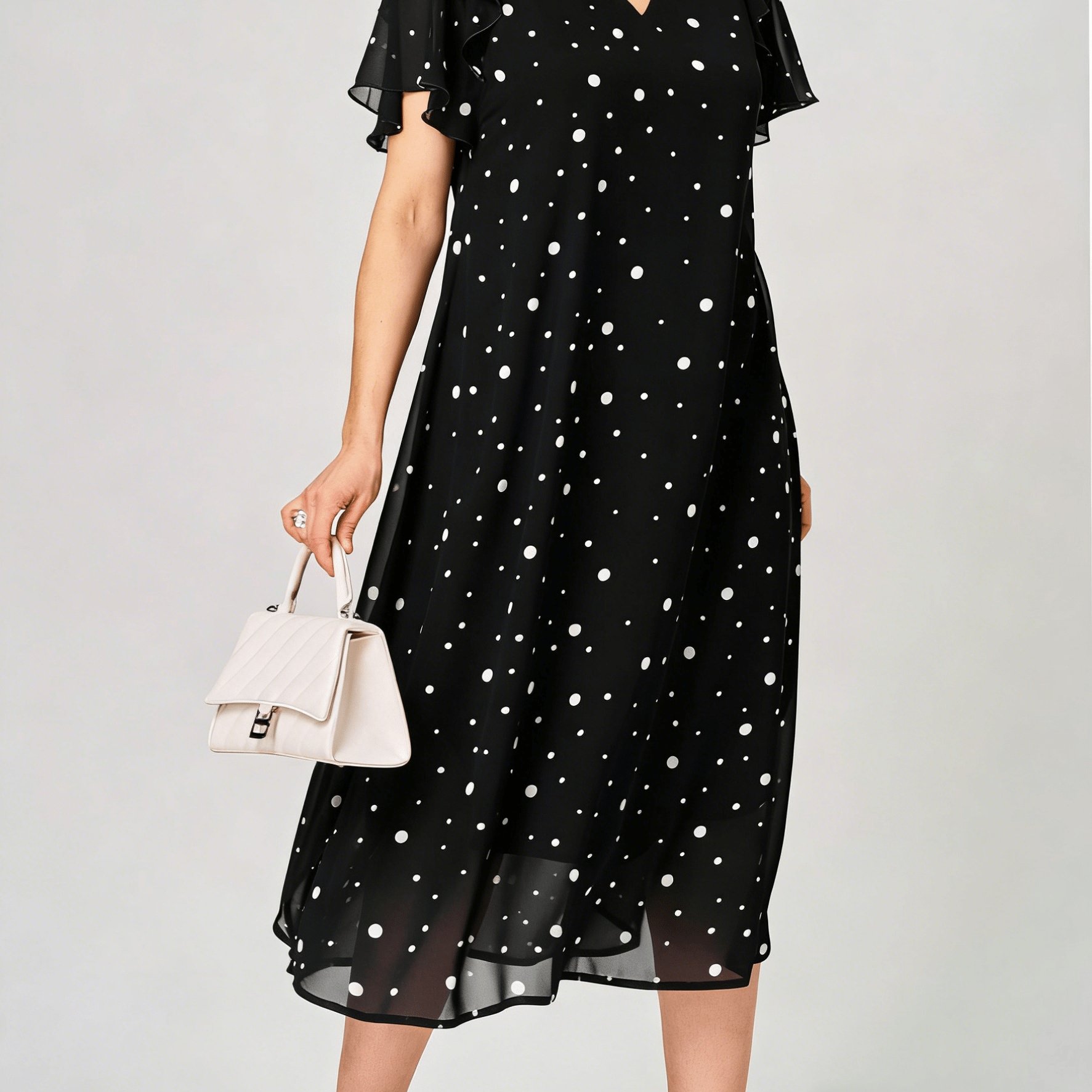 TEMU Plus Size - Plus Size - Plus Size Women's Elegant Spring Summer V-neck Polka Dot Print Chiffon Dress, Sleeve Design, Suitable For Weddings,