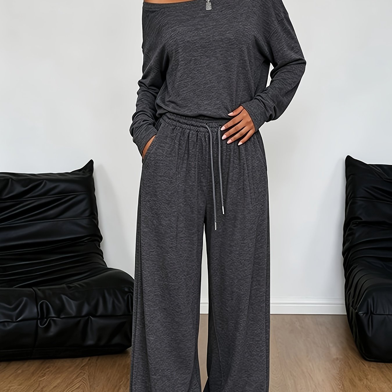 TEMU Conjunto de 2 piezas de ropa de estar por casa para mujer, de color liso, a , casual, holgado, de larga y pantalones de pierna ancha