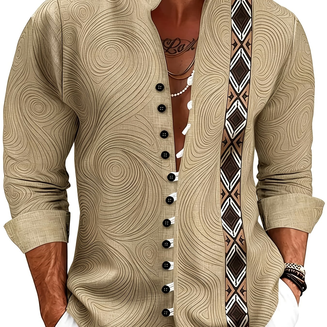 Plus Size Men's Casual Shirt Faux Linen Printed Stand Collar Long Sleeve Button Shirt Bohemian Ethnic Tribal Street Style Tops For Beach Vacation Summer And Wear