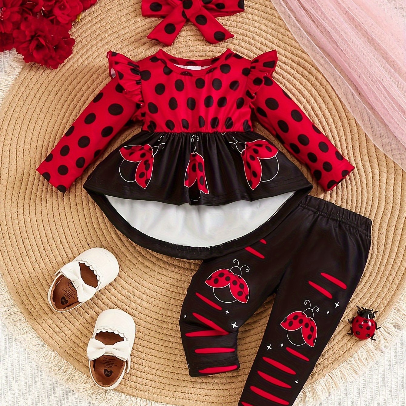 Girl Top With Ladybug Placement Print + Comfortable Print Ladybug Pants Set + Headband 3pcs Set, For Outdoor