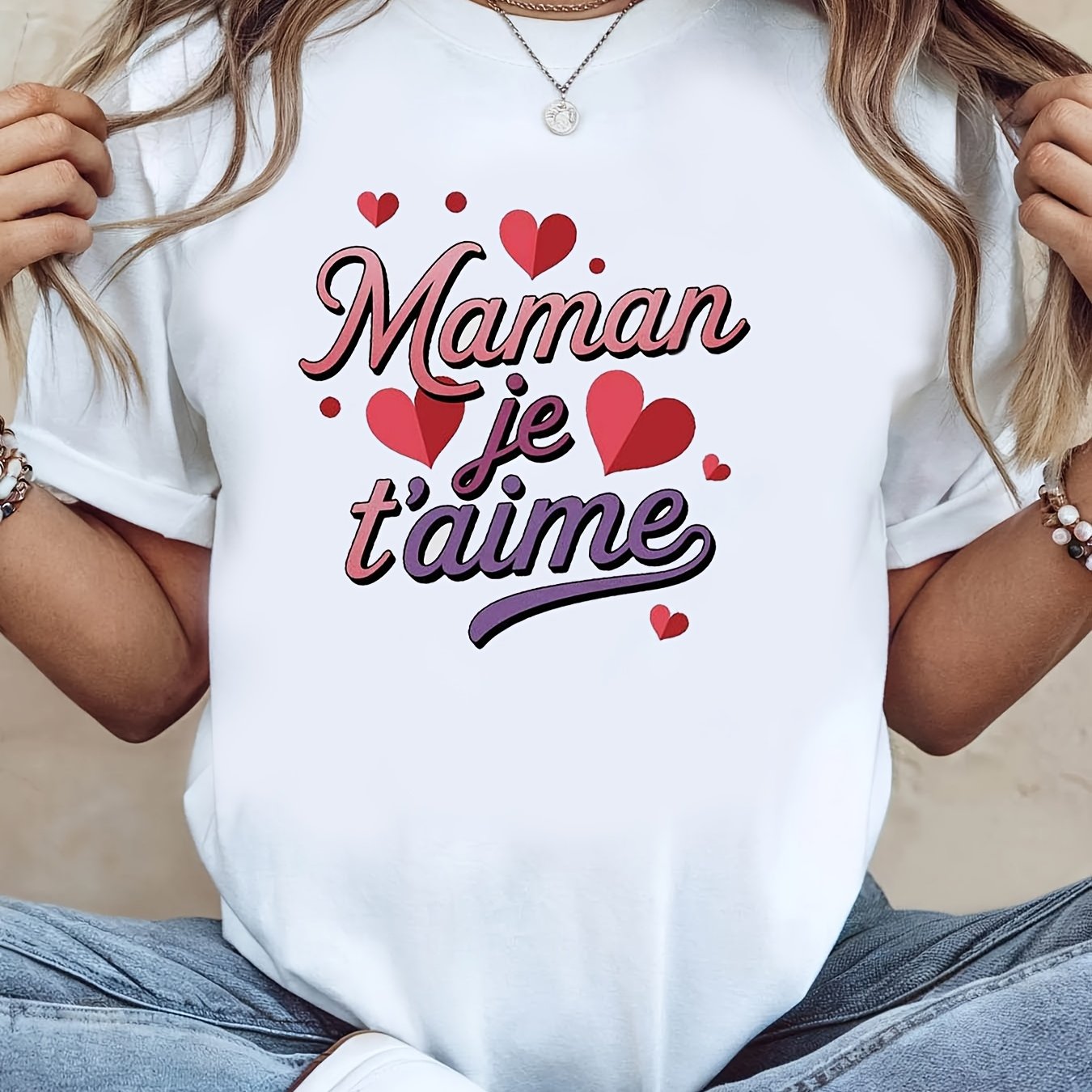 TEMU T-shirt pour femmes, T-shirt blanc à col rond et manches courtes pour femmes, Haut chaud et pour parents avec imprimé dégradé de cœur français