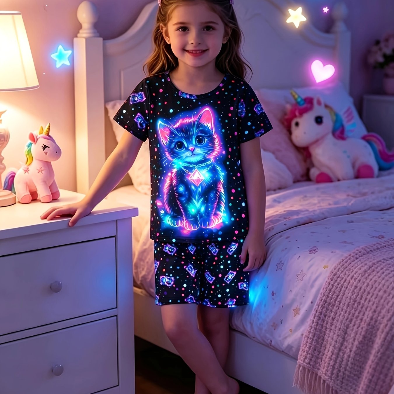 Image of A Two-piece Pajama Set Featuring A Vibrant Starry Sky And Cat Print, Perfect For Sleepovers. It Includes A Round-neck Short-sleeve T-shirt And Shorts, Made From Soft Knit Fabric