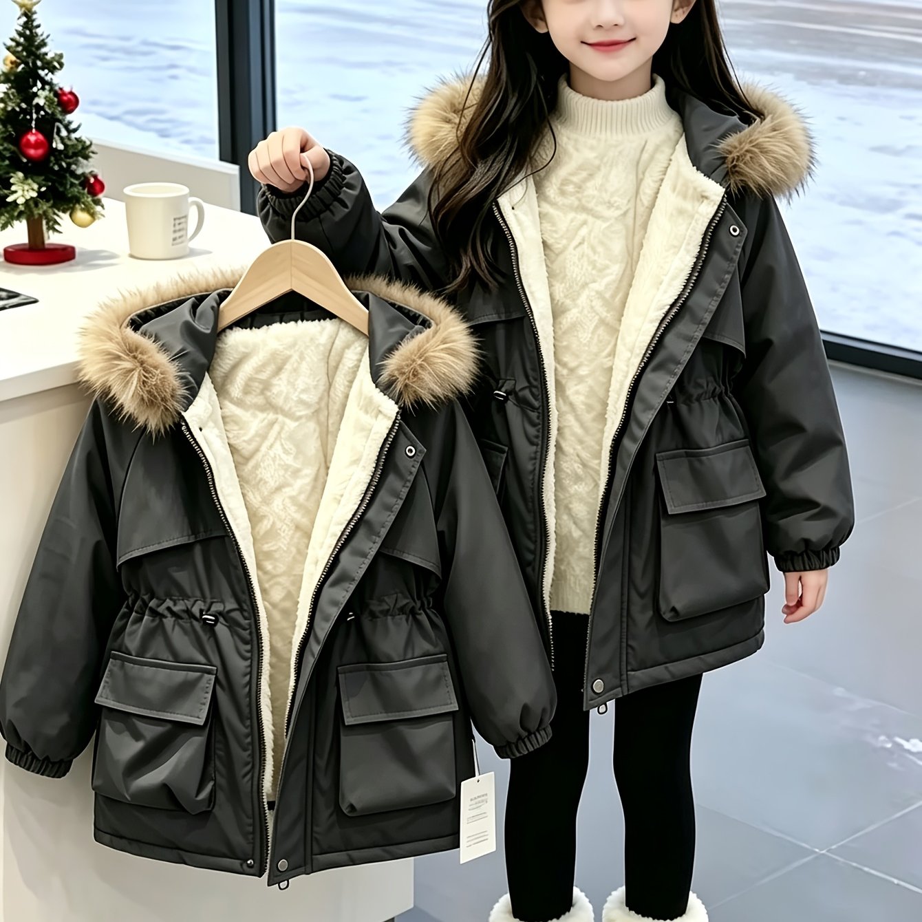 Image of And Kids' Winter Hooded Parka, Thickened And Warm Workwear Jacket For Children, With Large Pockets, Is A Practical And Versatile Warm Outerwear For Winter.