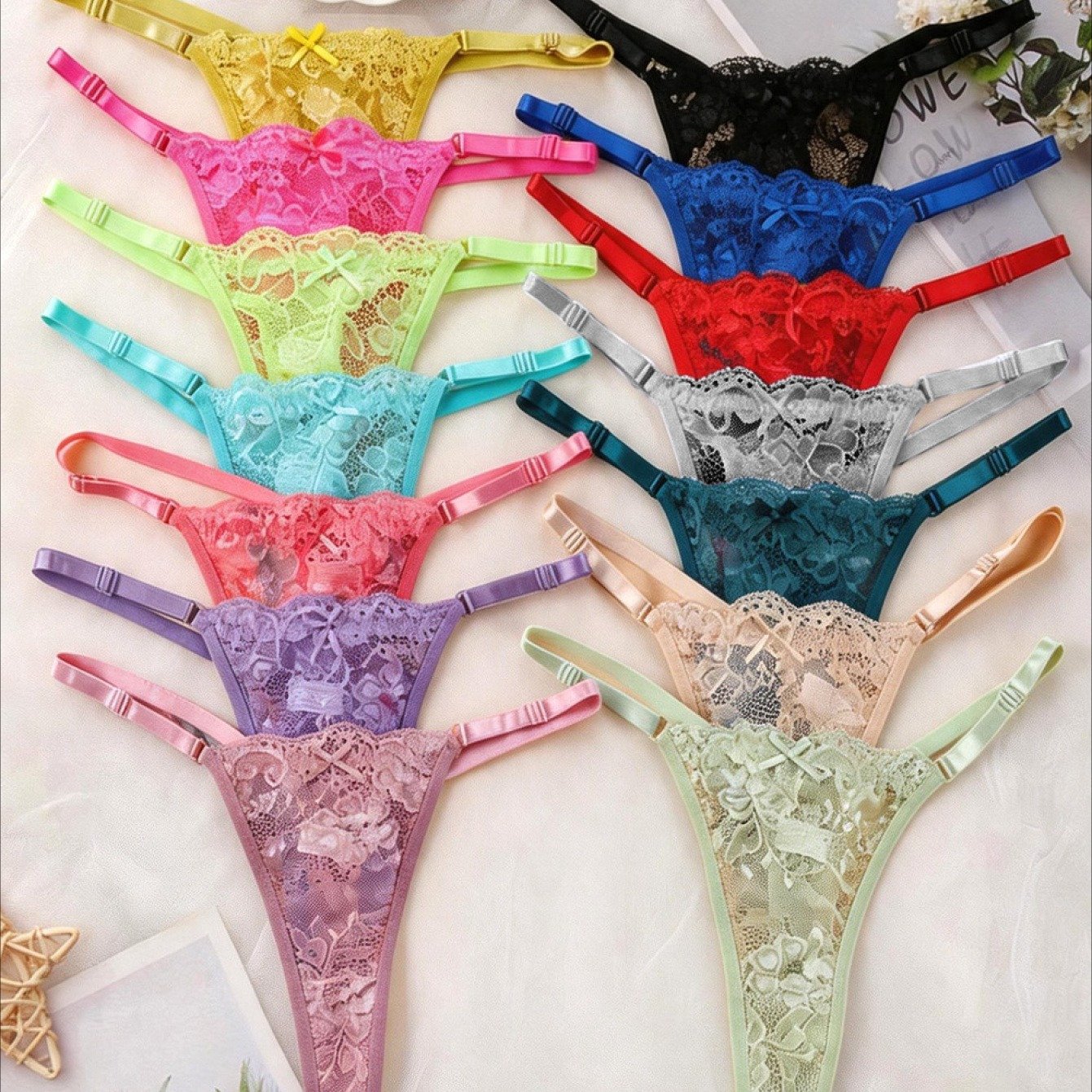 TEMU 5pcs Women's Low-rise Adjustable Lace Thong Underwear - Semi-sheer Suitable For Casual Attire & Special Occasions, Soft Lace Briefs With Random