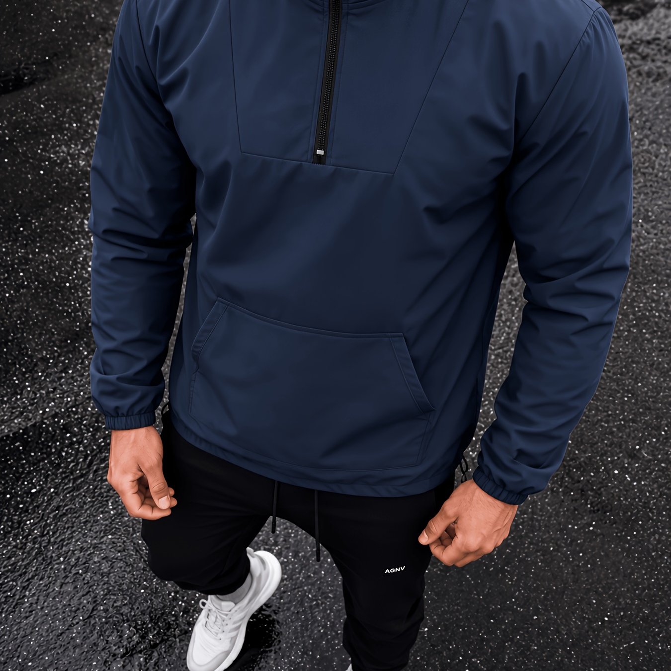 TEMU Men's Casual Stand-collar Half-zip Pullover Jacket, Solid Color Loose Coat With Drawstring Hem, Outdoor Sports Windproof Top For Autumn