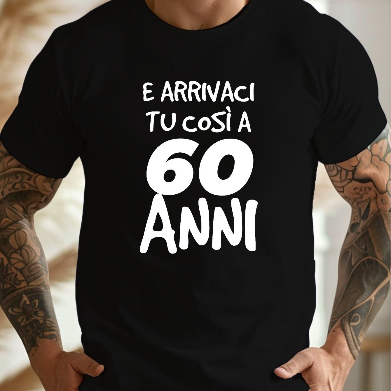 TEMU 60 Year Old Fun Italian Graphic, Men's Short Sleeve Crew Neck T-shirt, Relaxed And Lightweight Top For Summer Wear