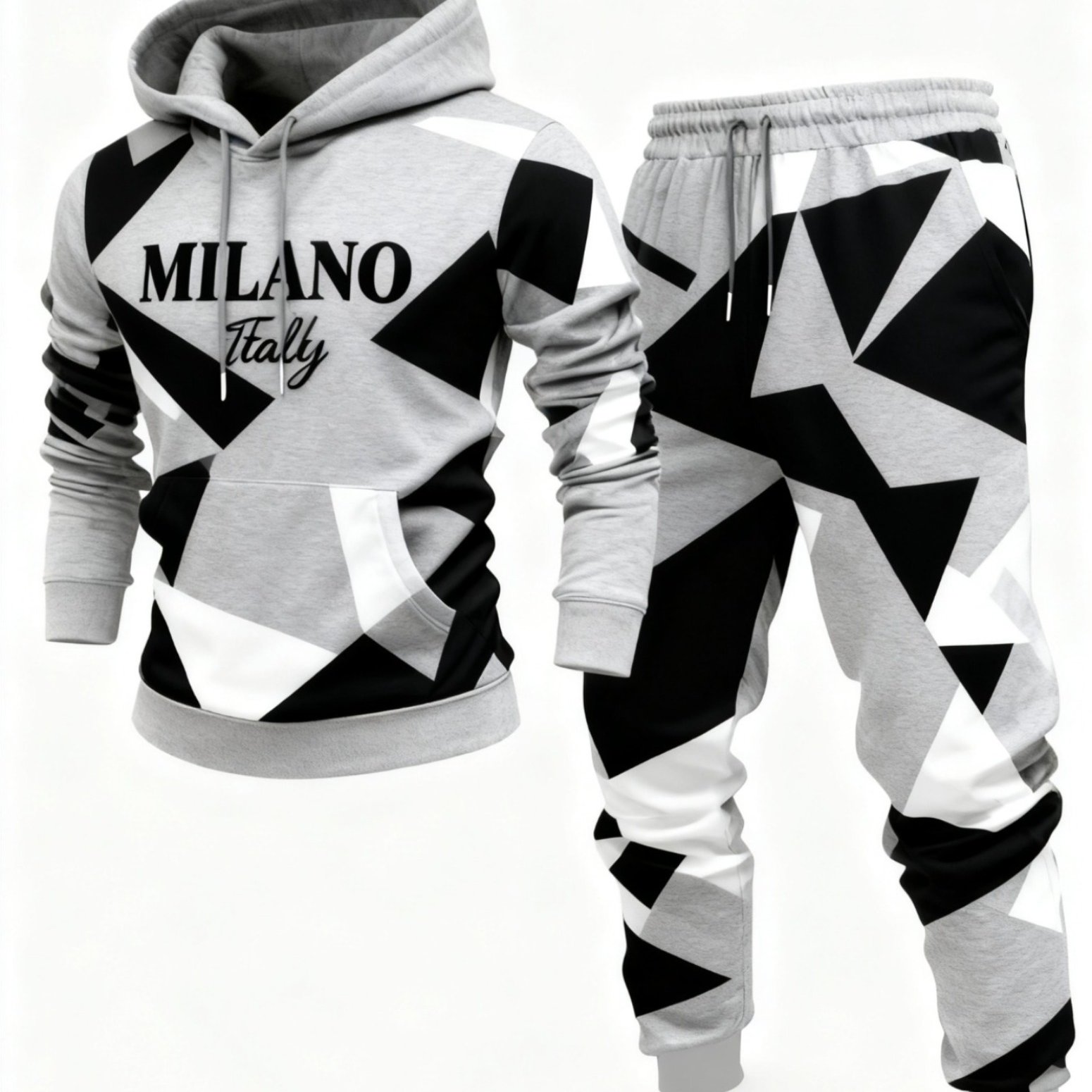 Image of Men's Leisurewear Set Featuring A Hood, Style For Adults, With A Geometric In Black, White, And Grey, Along With -inspired Lettering, Perfect For Casual Streetwear