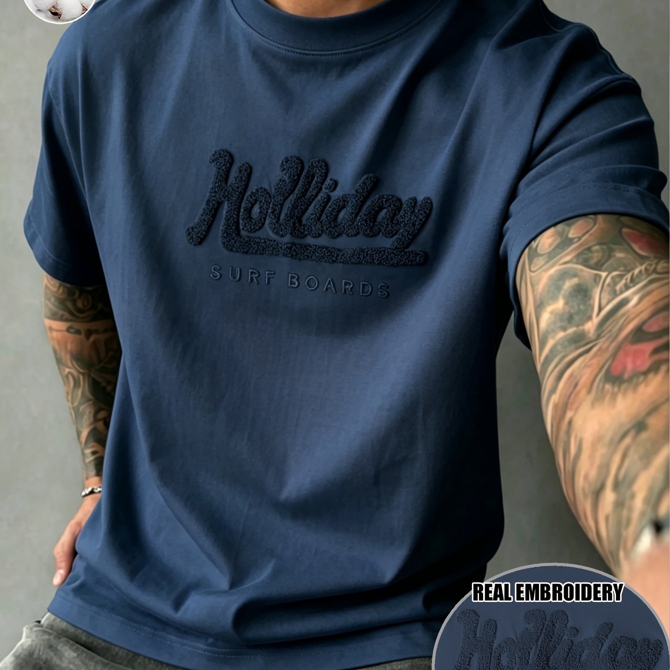 Image of Age-reducing Embroidered Letter Pattern, 's T-shirt, Ribbed Contrasting College Style Spring And Summer Menswear, Soft And Breathable Short-sleeved Top