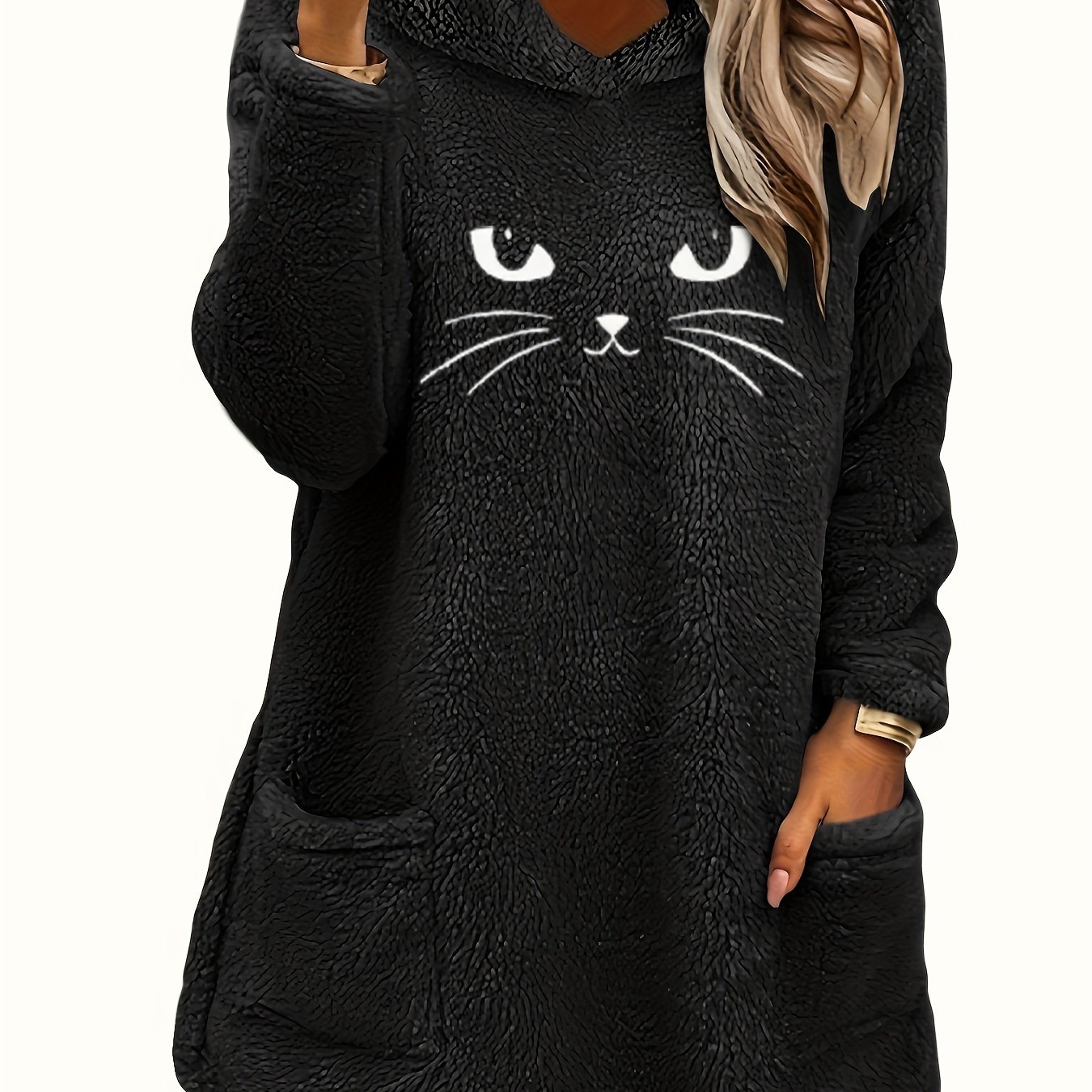 Cozy Women's Cat Print Teddy Bear Hoodie - Casual Long Sleeve Plush Top With Dual Pockets, Soft Polyester, Machine Washable - Perfect For Fall/winter