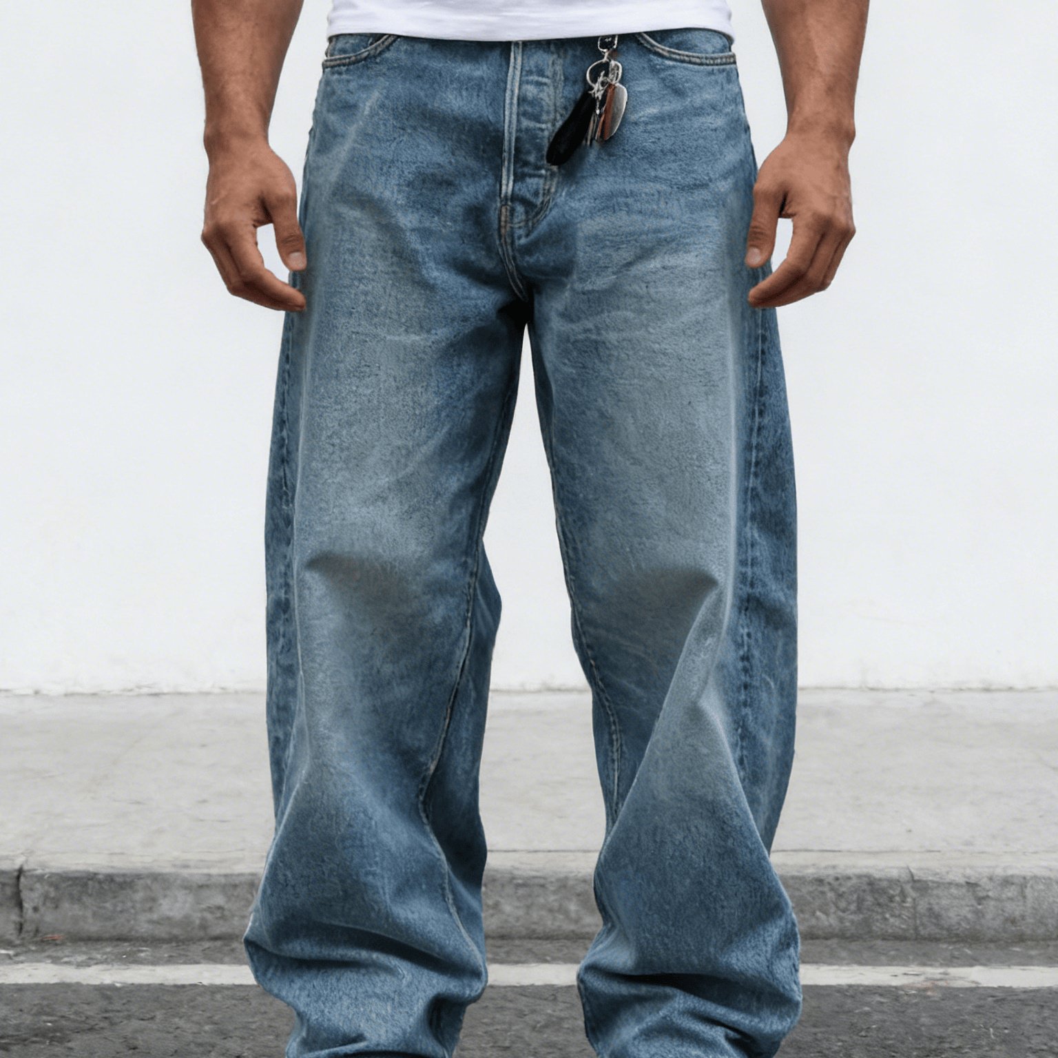 Image of Hme-262 Men' Blue Washed Wide-leg Jeans Metal Charm High-street Baggy Pants Retro Oversize Casual Denim Trousers