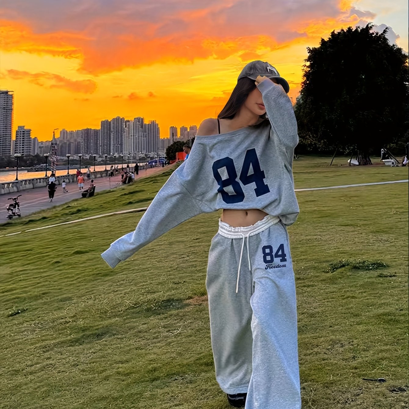 TEMU 2pcs Casual Asymmetrical Neckline Number Print Sweatshirt And Sweatpants Set, Spring/autumn