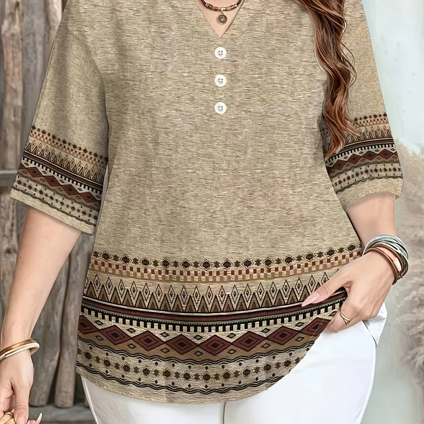 TEMU Aztec Geometric Print Short-sleeve Women's Top With V-neck And Half-button Design, Vintage Casual Everyday Versatile Outfit, A Perfect And