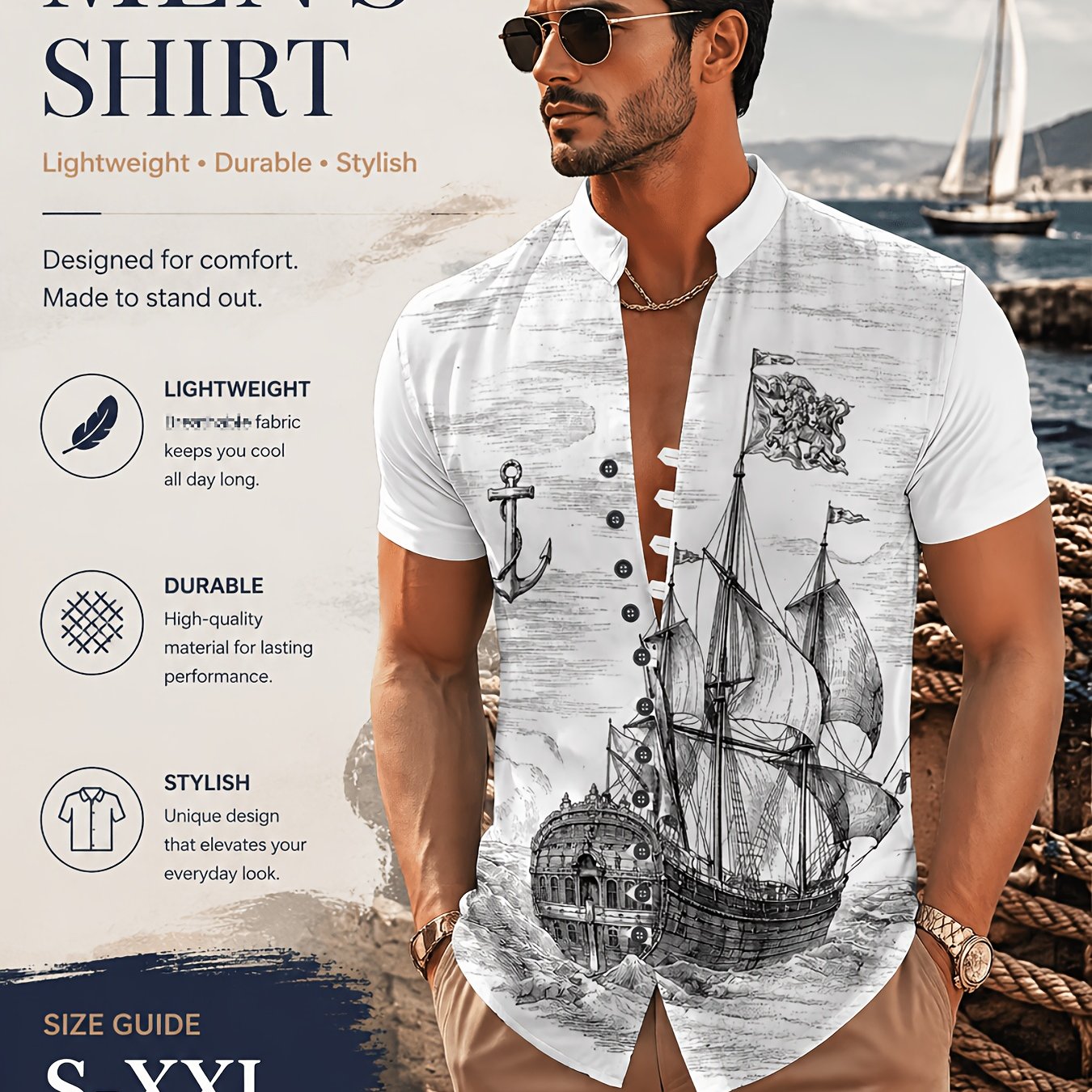 TEMU Men Summer Sailboat Print Collar Short 11 Sleeve Button Shirt Beach Vacation Casual Resort Top Loose Fit Lightweight