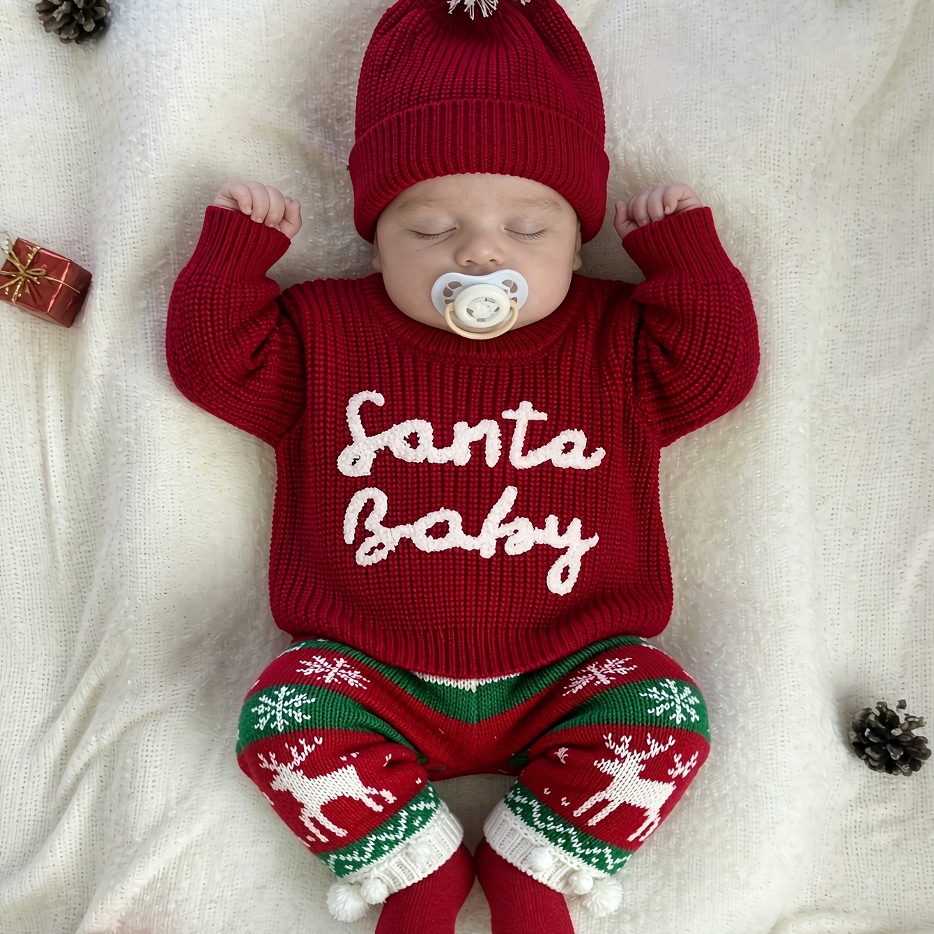 TEMU Newborn Christmas Knitwear Set, Children's Knitted Letter Embroidery Sweater + Hat Set, Long Sleeve Autumn/winter Sweatshirt Set For Baby Boys