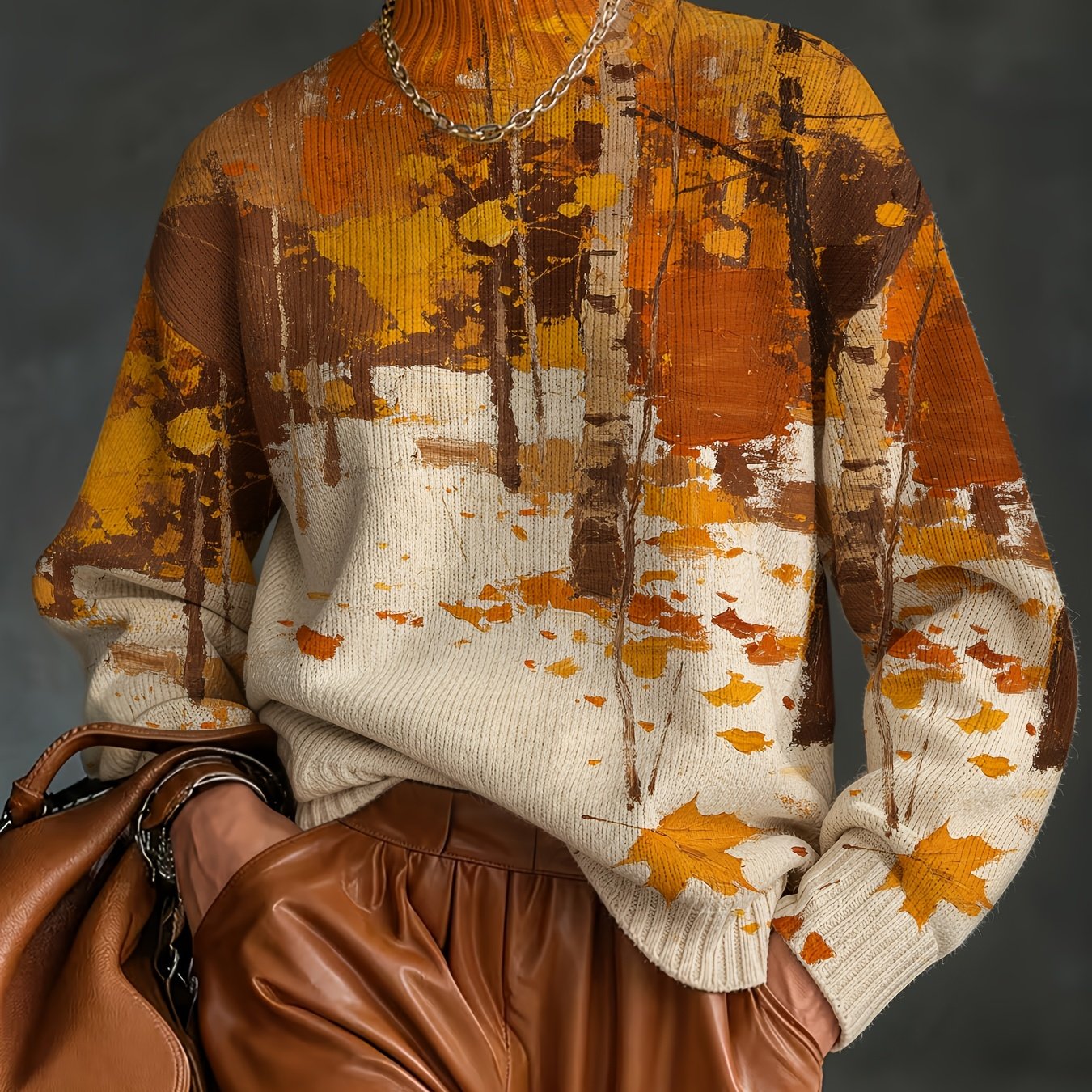 TEMU [2d Digital Printing] Retro Oil Painting Autumn Atmosphere Falling Leaves Autumn Style Semi-high Neck Long Sleeve Sweater Bohemian, Winter